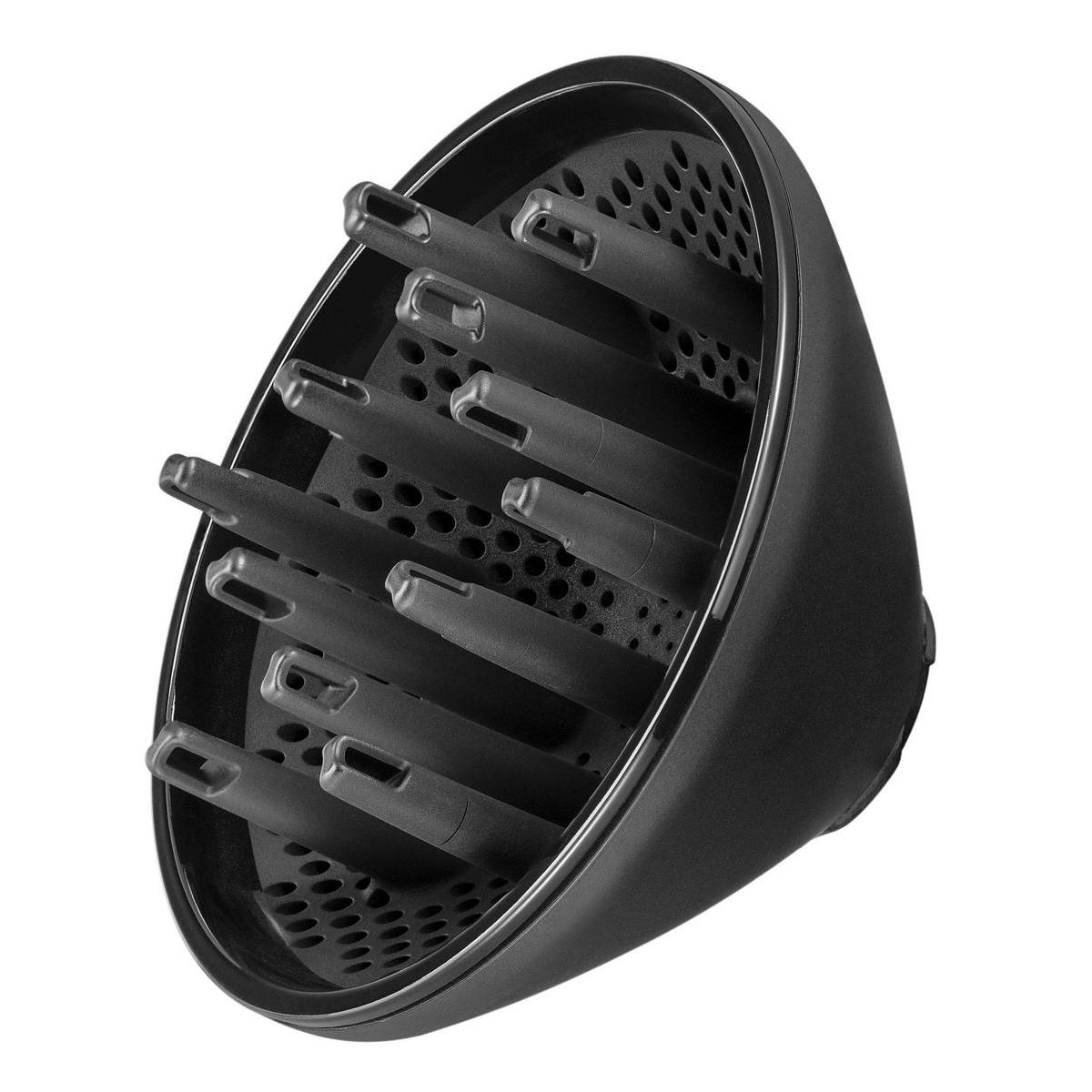 Czarna nasadka dyfuzora do suszarki do włosów z kilkoma wystającymi palcowatymi elementami.