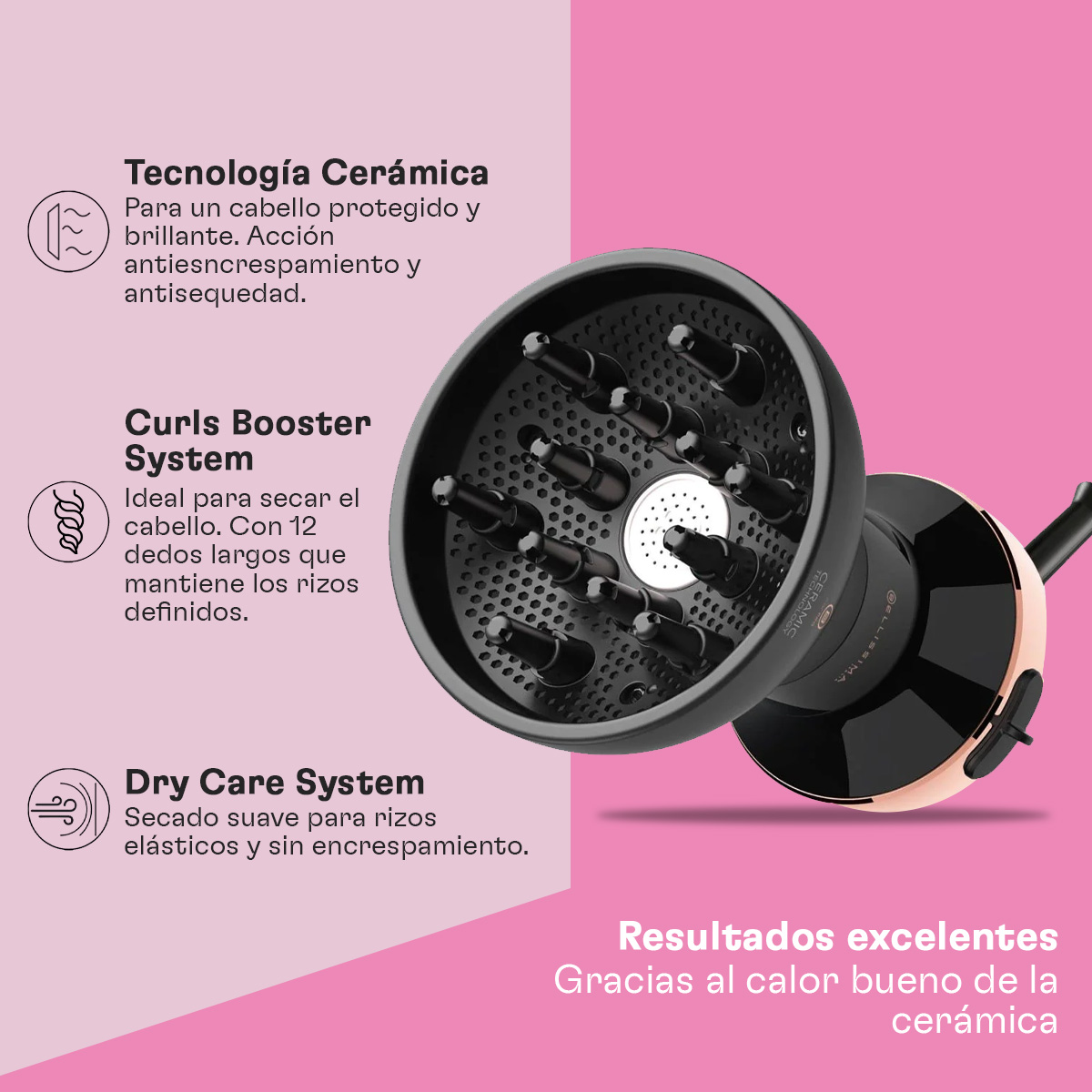 Narzędzie do stylizacji włosów z tekstem opisującym technologię ceramiczną, wzmacniacz loków i pielęgnację na sucho.