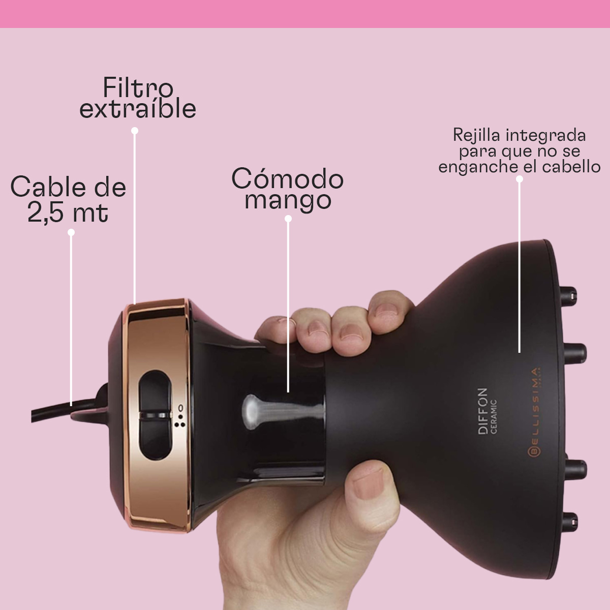 Czarny dyfuzor do suszarki z złotymi akcentami, trzymany w dłoni, na białym tle.