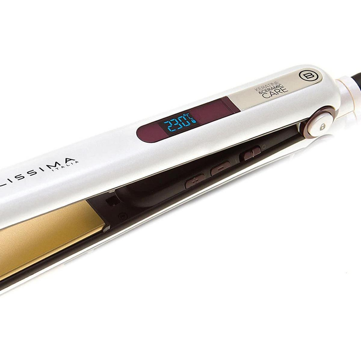 Una piastra per capelli bianca e oro con un display digitale che mostra la temperatura.