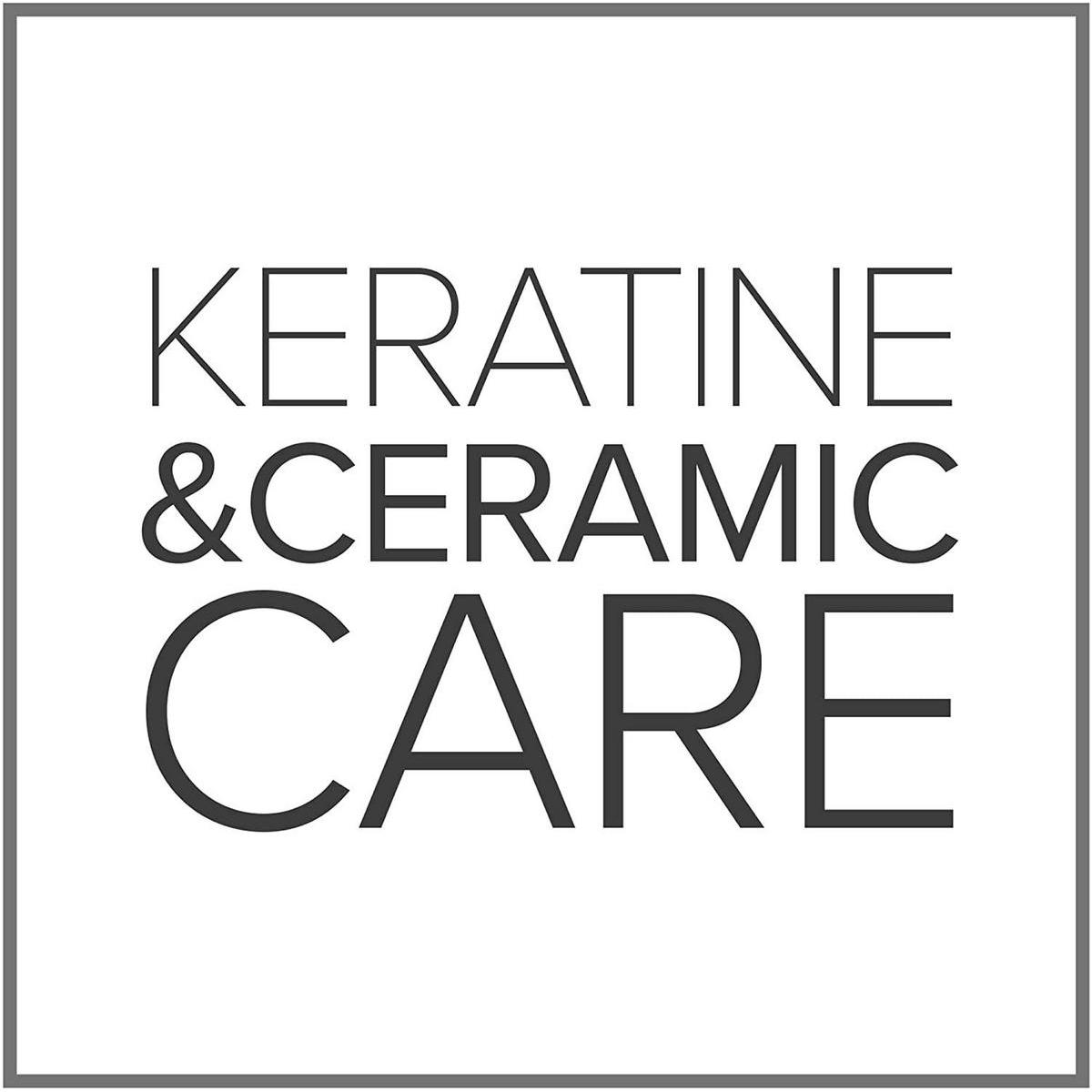 Sfondo bianco con le parole 'KERATINE & CERAMIC CARE' in nero, all'interno di un bordo grigio.