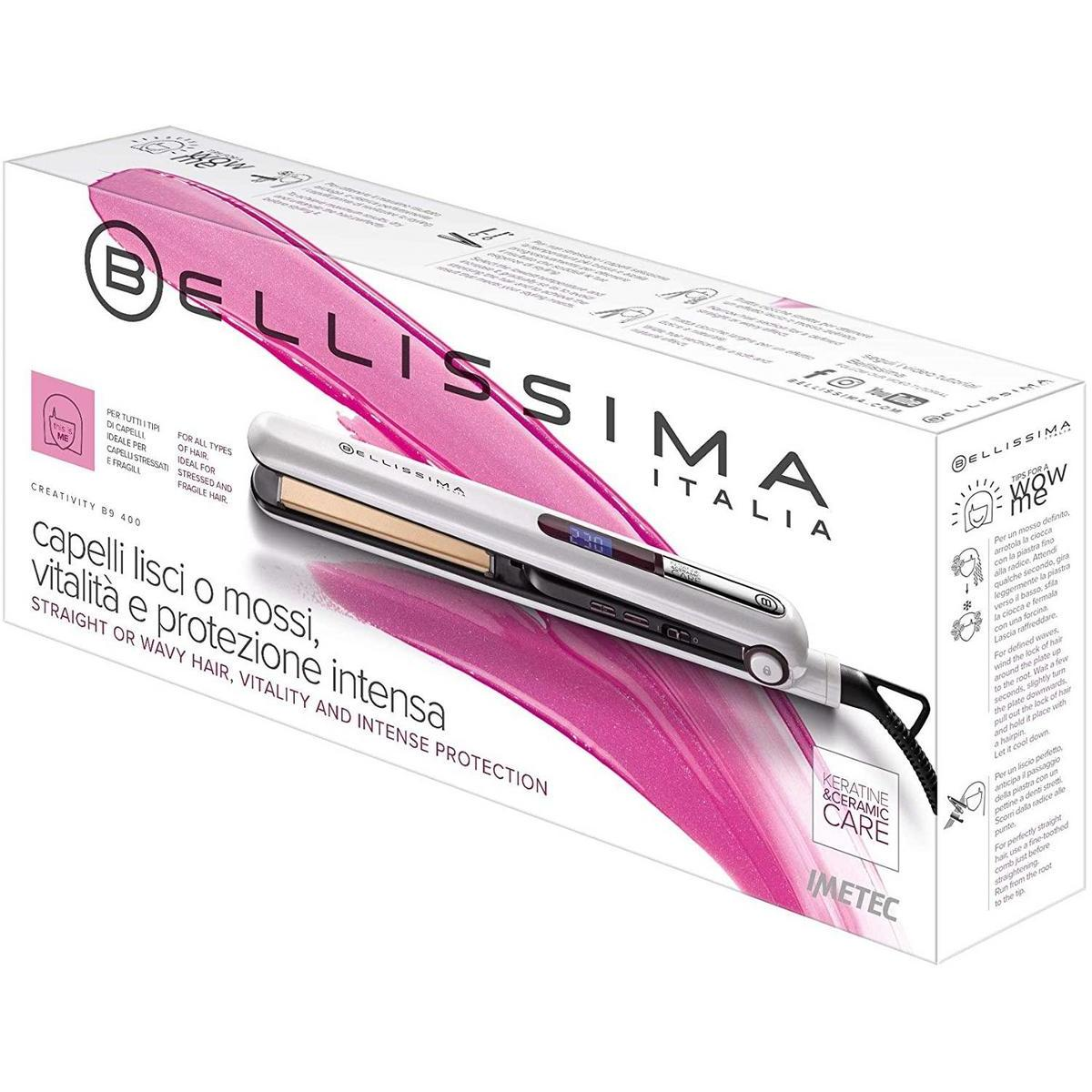 Una scatola di piastra per capelli bianca e rosa con dettagli del prodotto.