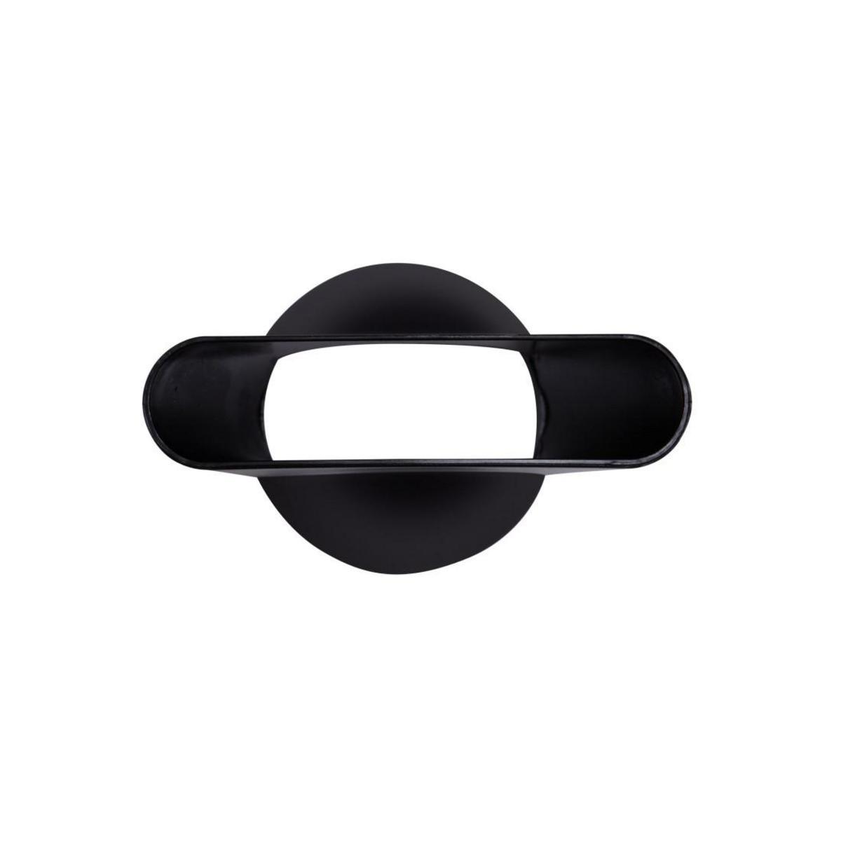 Czarna, abstrakcyjna dekoracja ścienna o zaokrąglonym kształcie. W środku biała pustka.