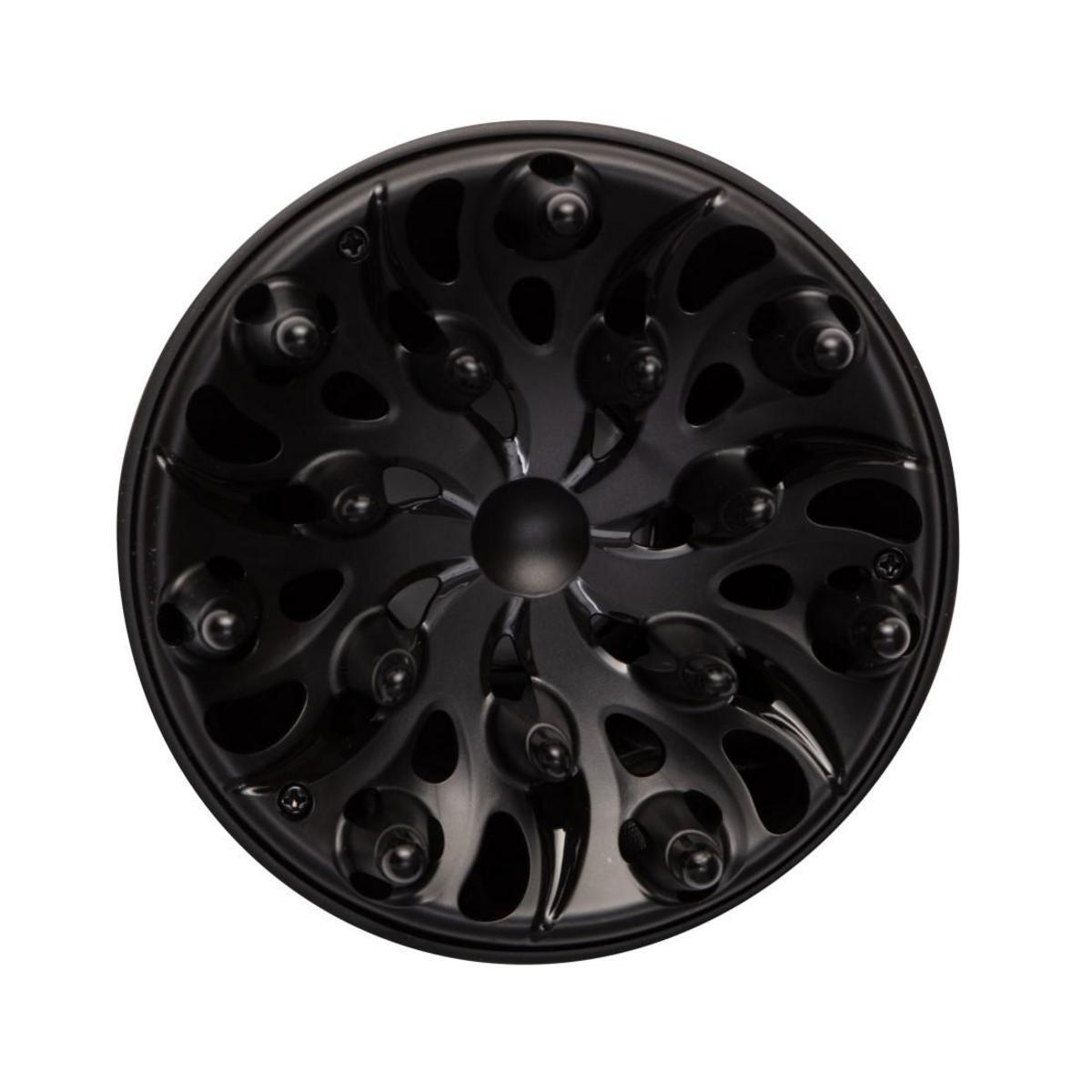 Czarny dyfuzor do suszarki, okrągły kształt, z wieloma czarnymi pokrętłami i centralnym czarnym pokrętłem.