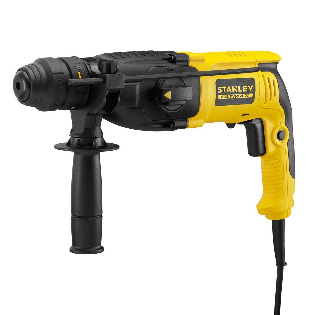 Trapano Stanley Fatmax giallo e nero. Impugnatura, grilletto e varie impostazioni sono visibili.