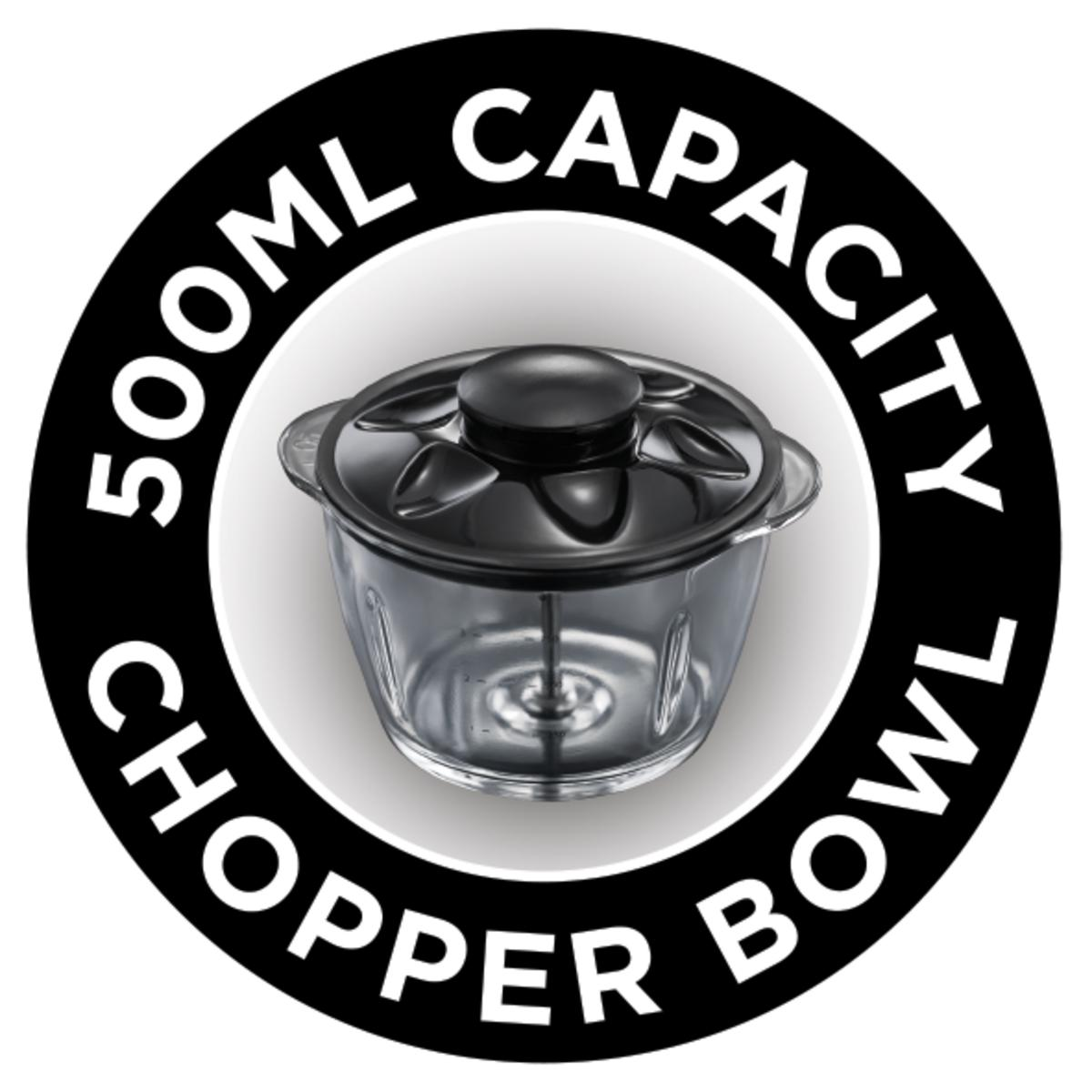 Doğrayıcı kabı ve '500ml Capacity Chopper Bowl' yazılı yuvarlak bir etiket.