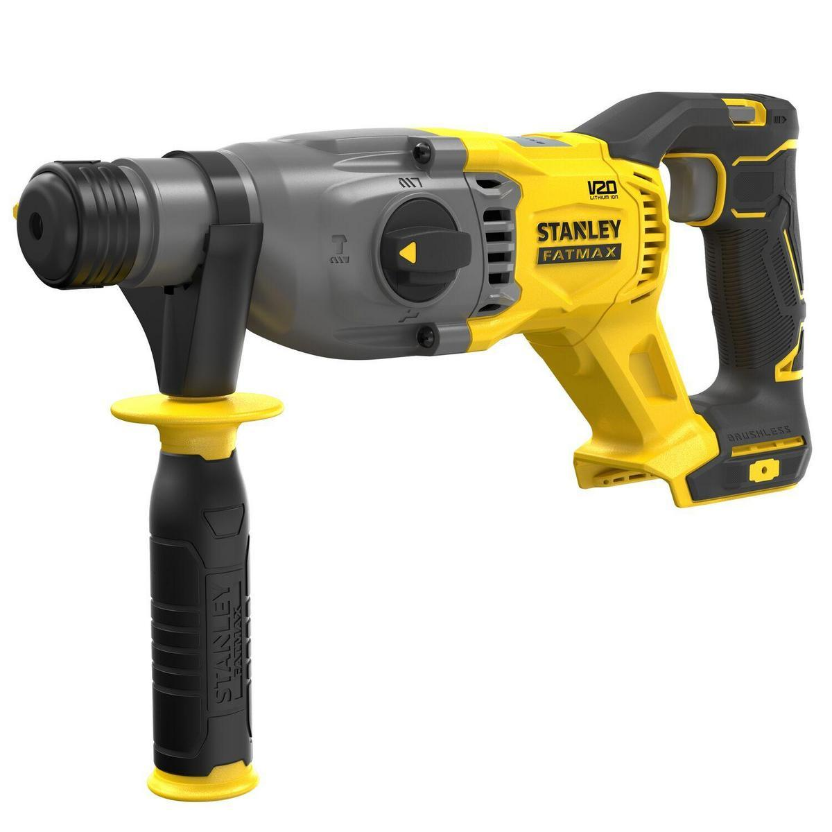 Un taladro percutor eléctrico amarillo y gris con mangos negros.