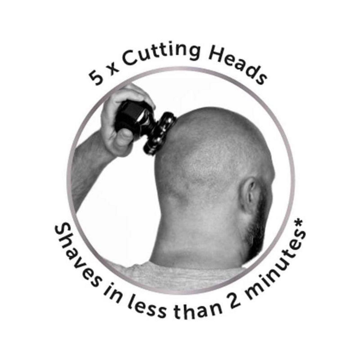 Person shaving their head with a shaver. Text says "Shaves in less than 2 minutes".