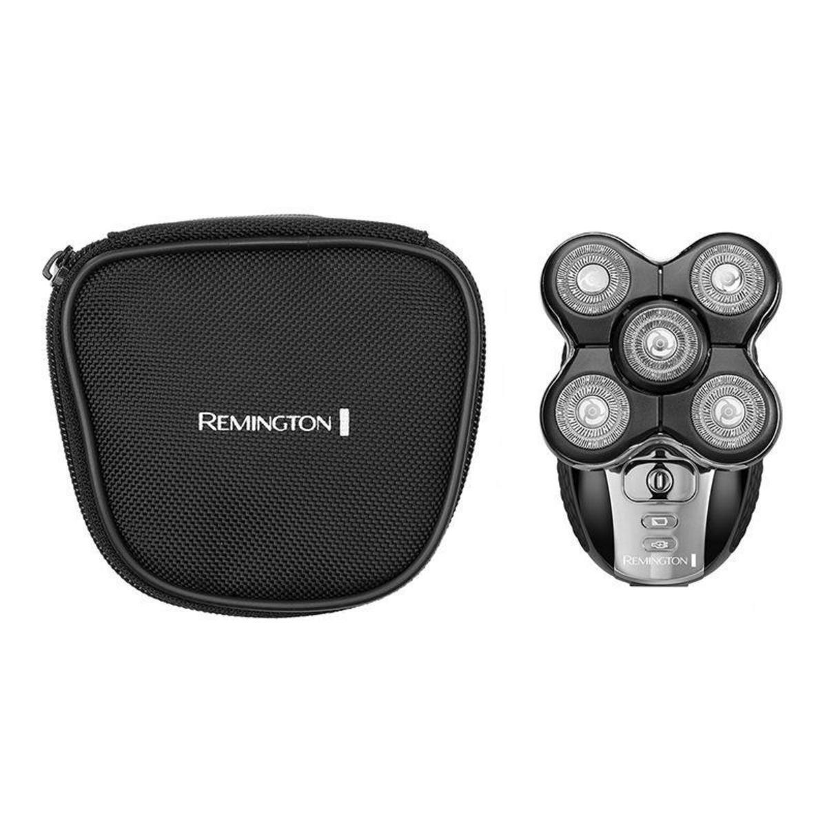 A black travel case and a Remington electric shaver. The shaver has five heads.
