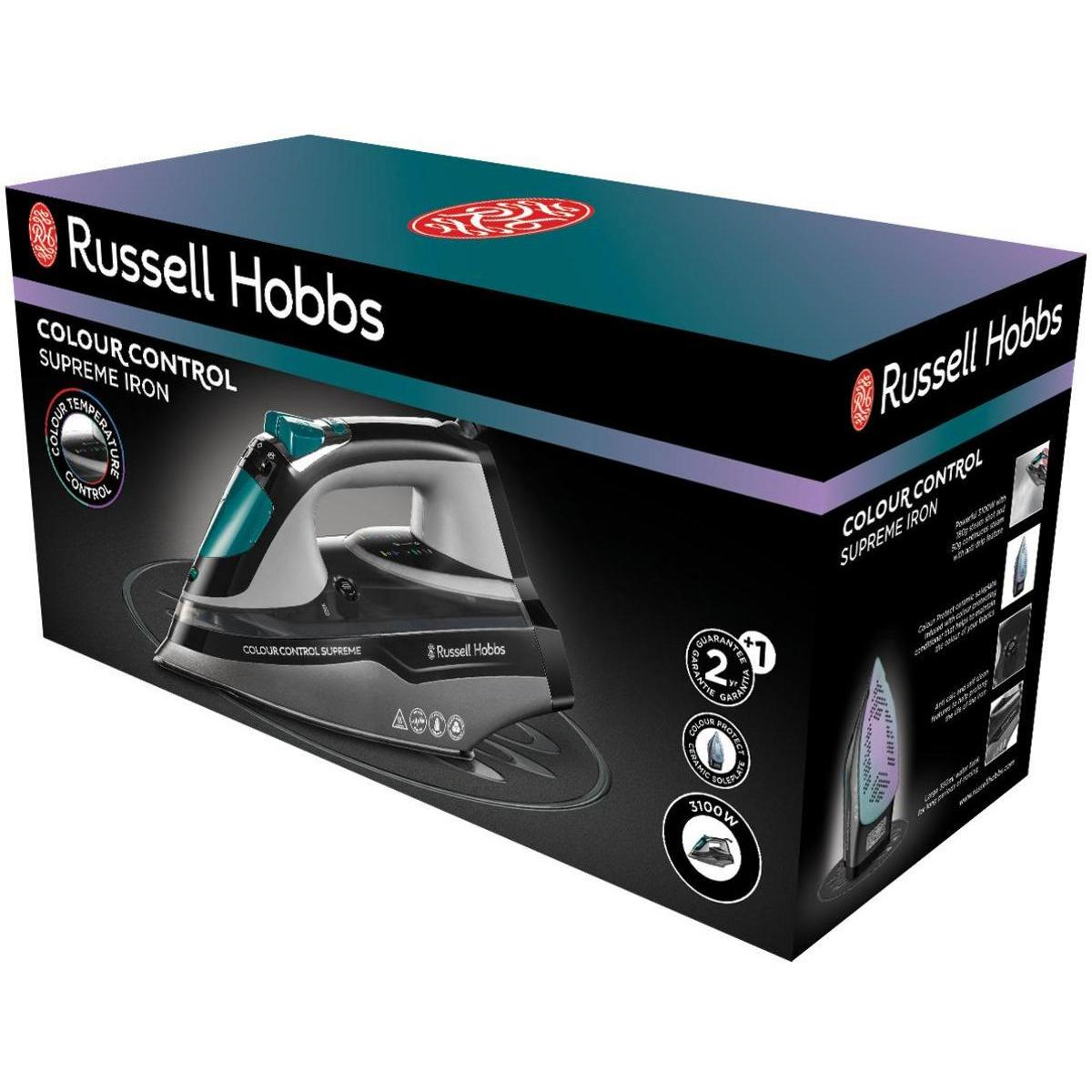 Ein Russell Hobbs Bügeleisen und eine Box werden gezeigt. Die Box enthält das Bild und die Details des Bügeleisens.