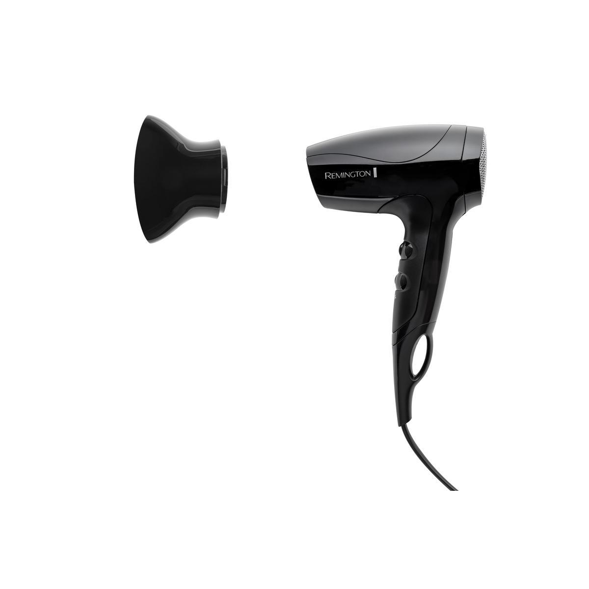 Asciugacapelli nero con ugello staccato, sfondo bianco e marchio Remington.