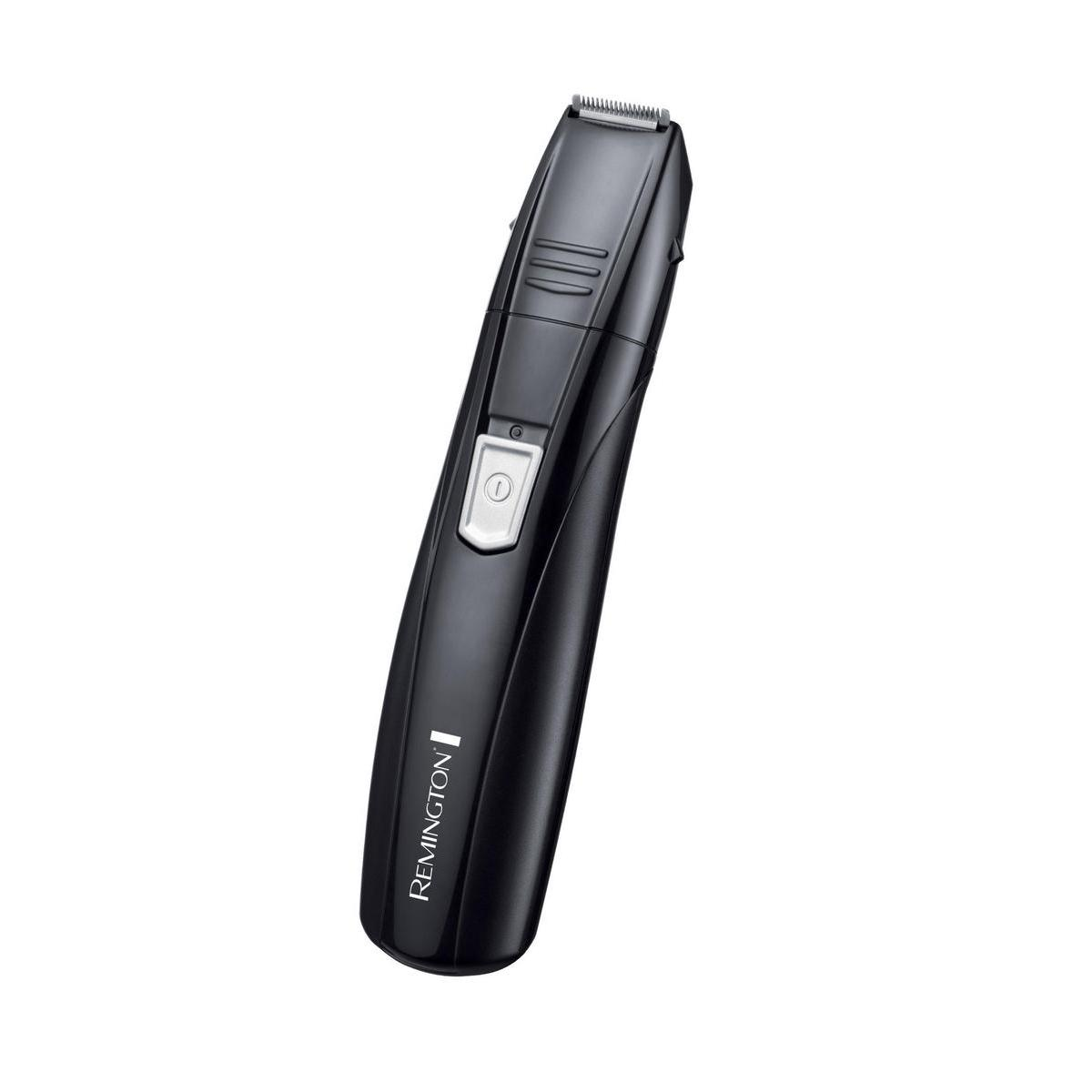 Un tagliabarba Remington nero, leggermente inclinato verso l'alto.