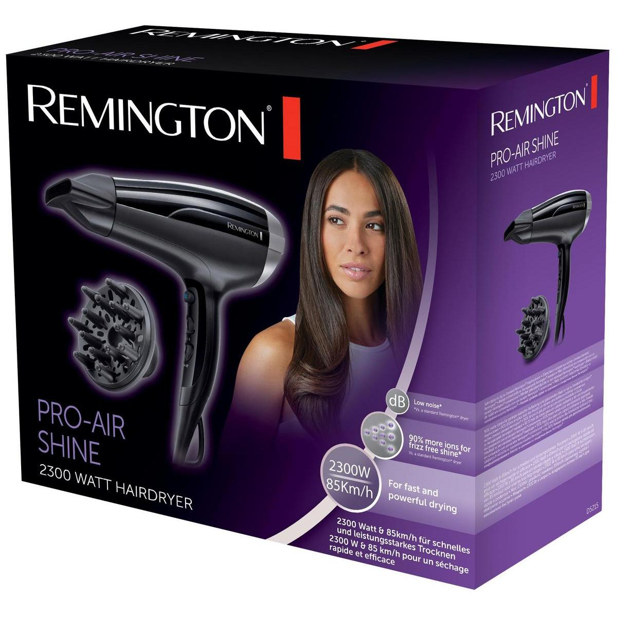 Pudełko ze zdjęciem kobiety, czarną suszarką do włosów i akcesoriami. Tekst brzmi: Pro-Air Shine 2300W Hairdryer.
