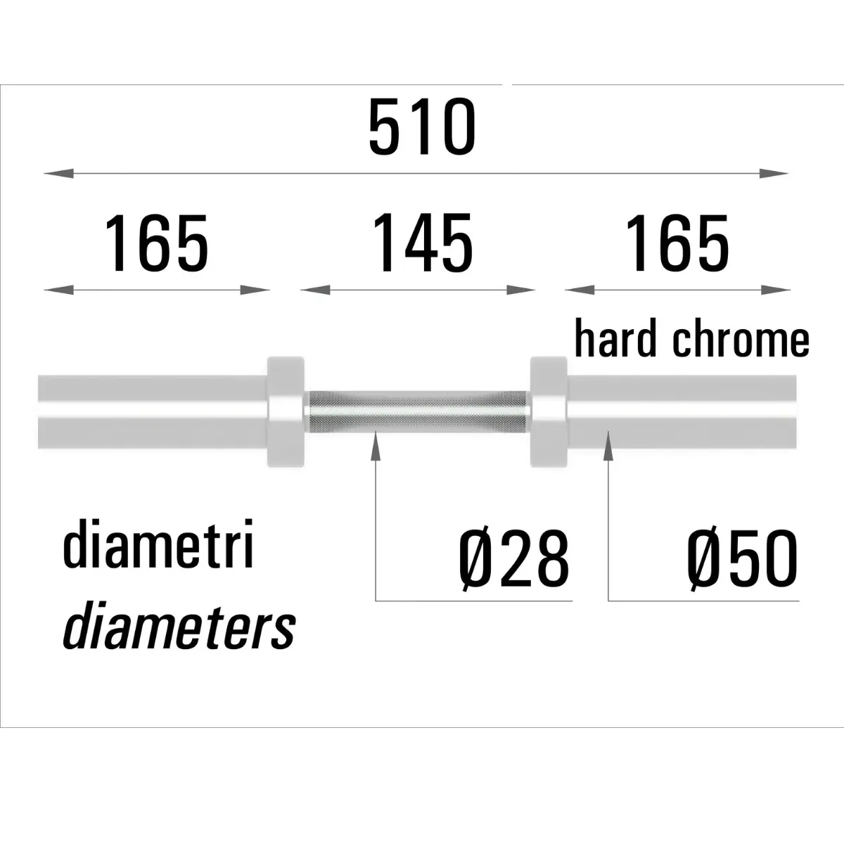 Langhantel mit Maßangaben: 510 mm Gesamtlänge, Durchmesser von 28 mm und 50 mm sowie Abschnitte von 165 mm und 145 mm.