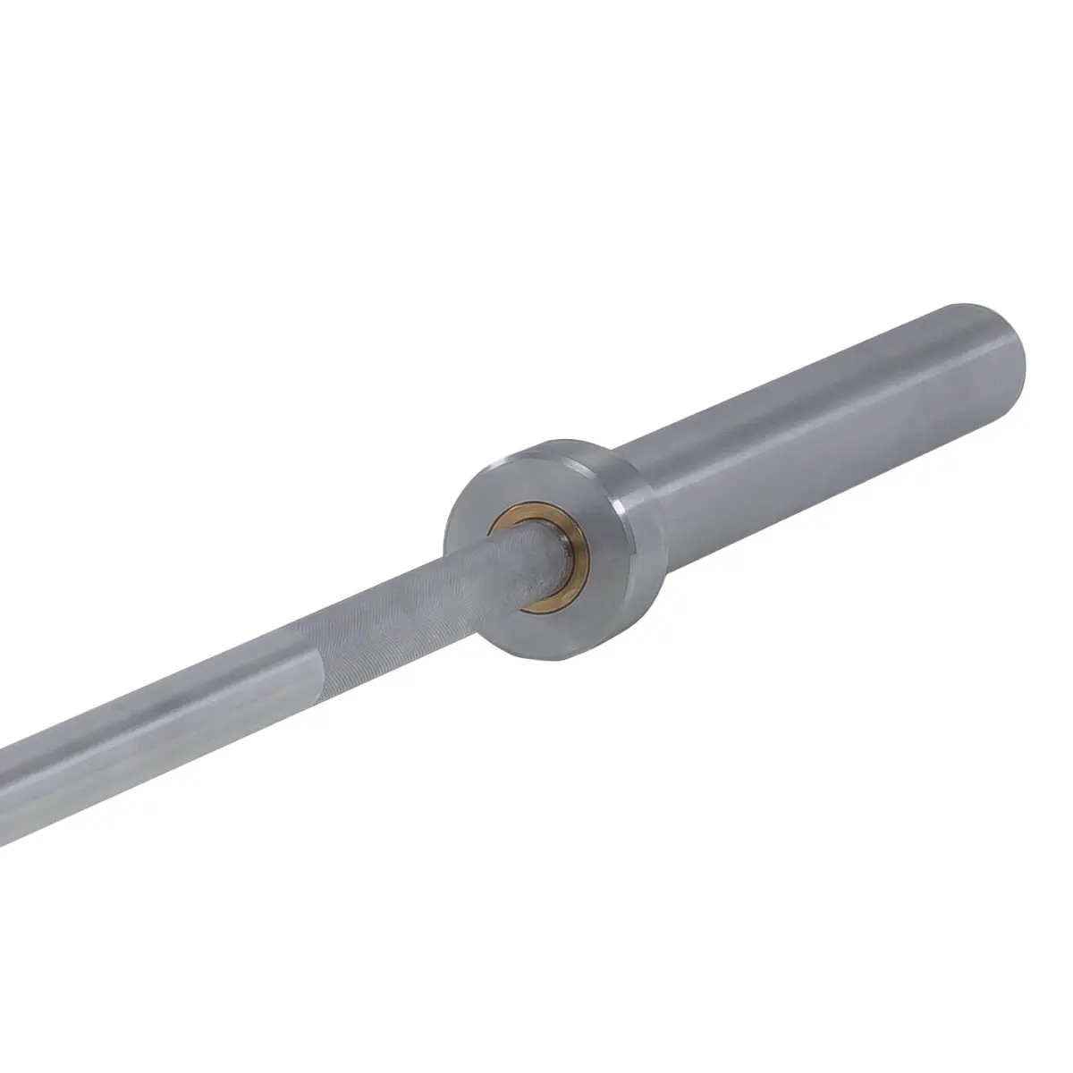 Silver barbell, close-up on the knurled grip.