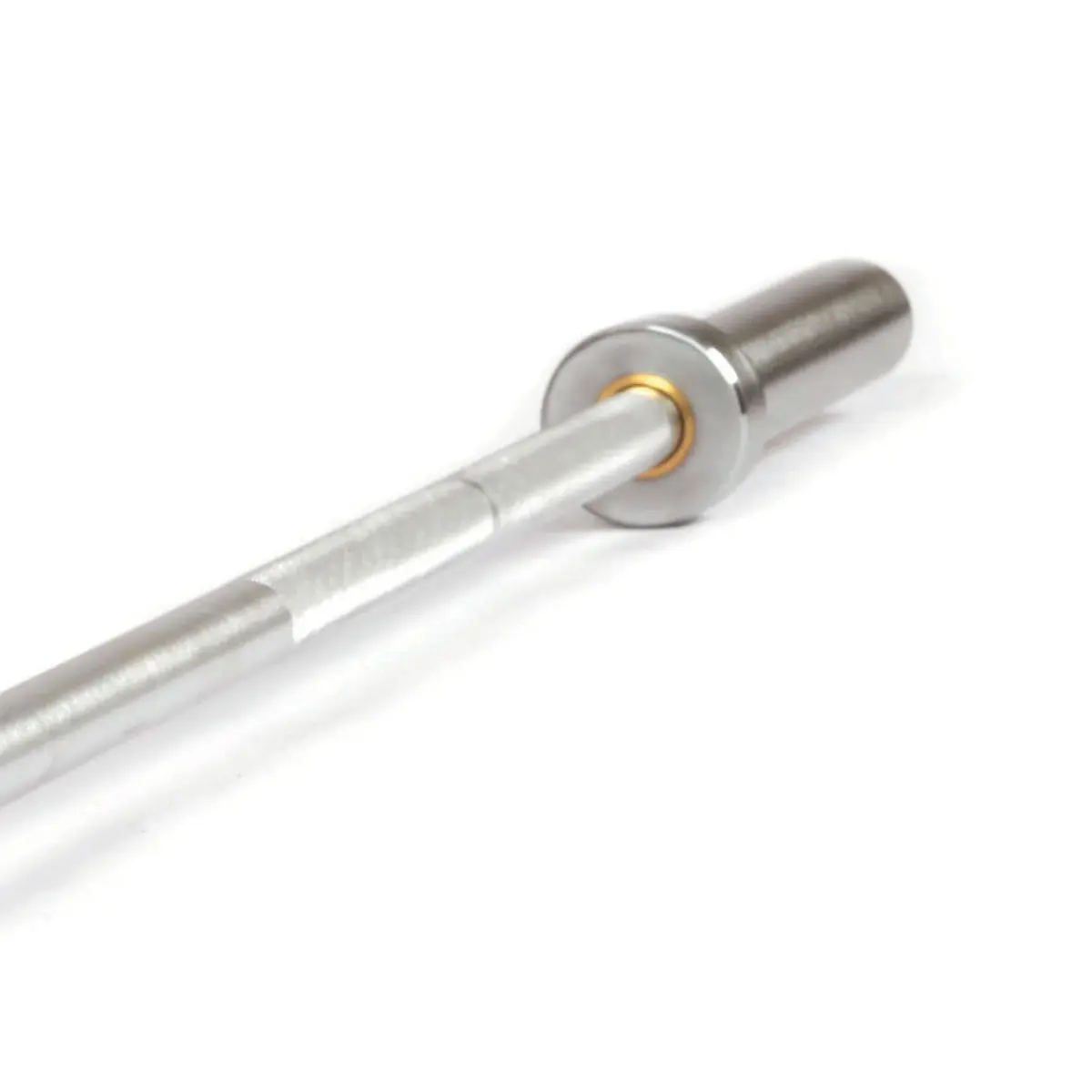 A silver barbell with a gold ring in the middle. The background is white.