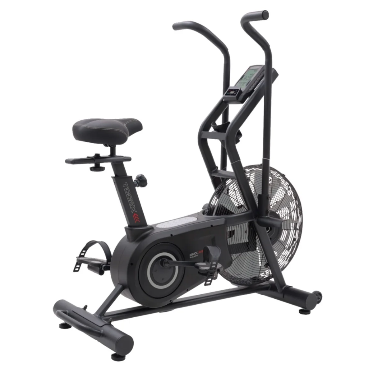 Een hometrainer met een ventilator. Hij is zwart en heeft een digitaal display.