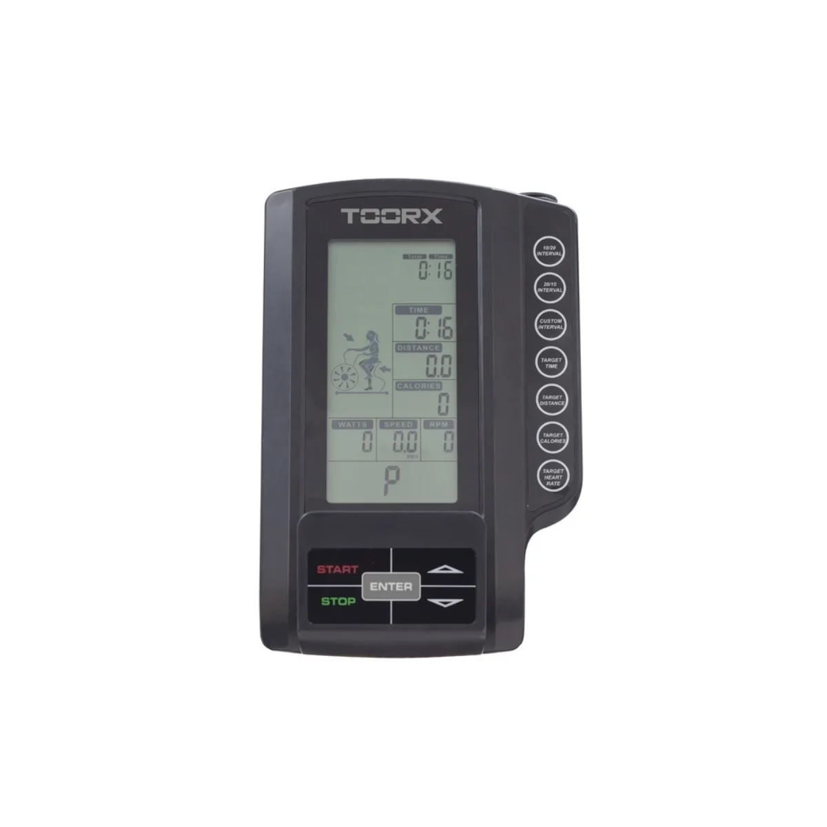 Zwarte monitor voor een hometrainer. Toont tijd, afstand, calorieën en snelheid. Knoppen rechts.