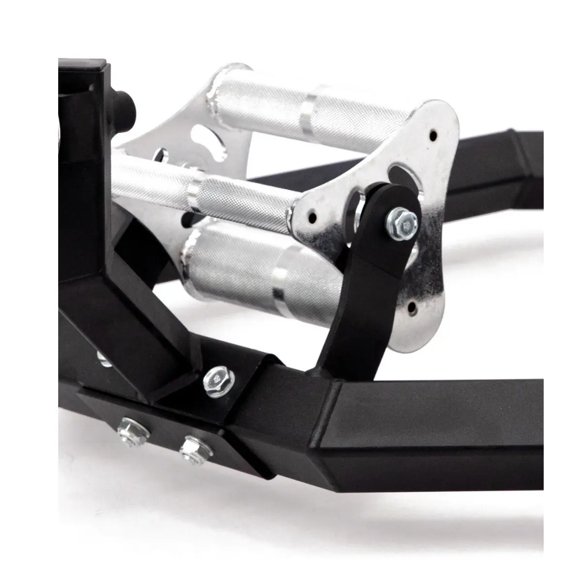 Black and silver gym equipment with handles and bolts.