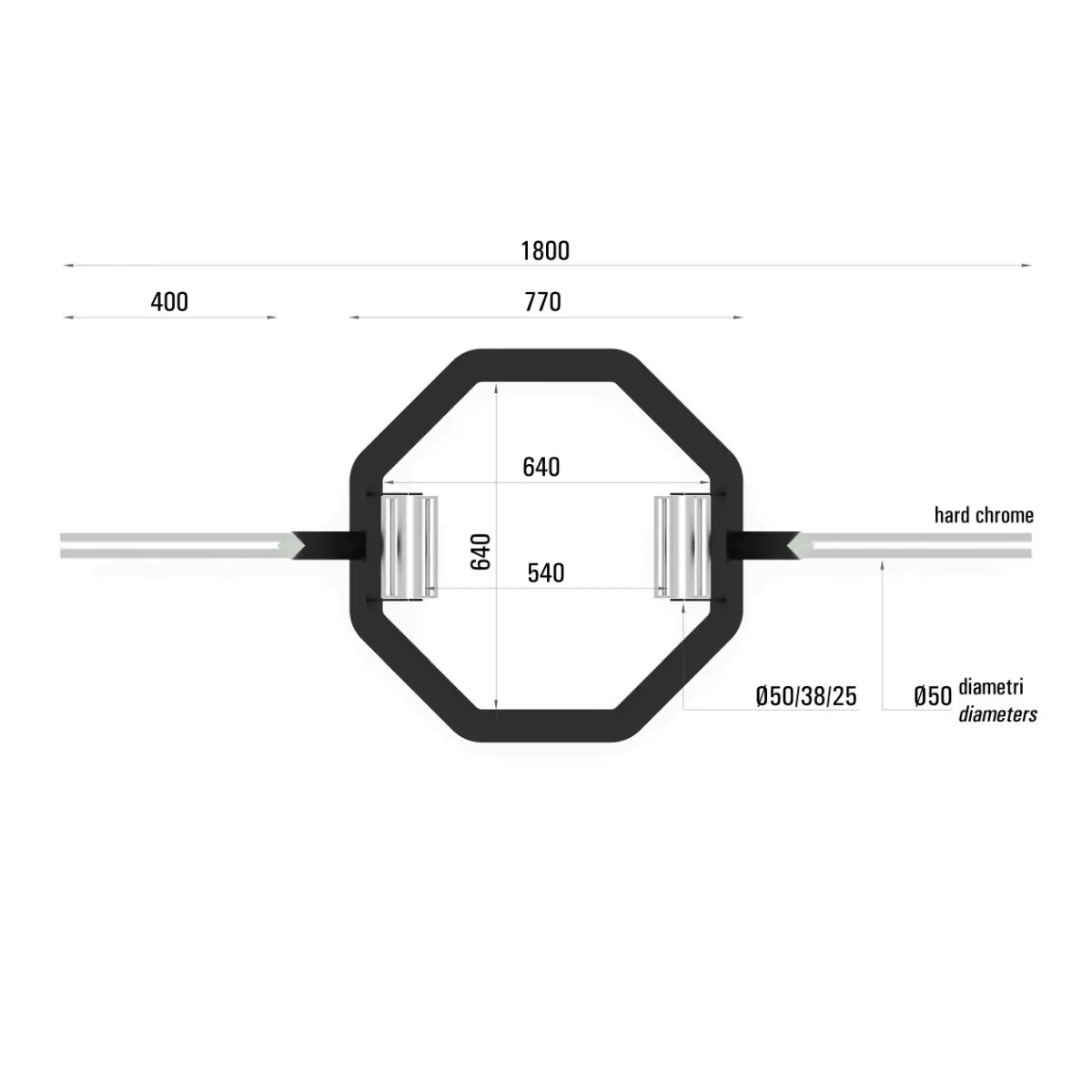 Top-down view of a black octagonal barbell with measurements and hard chrome text.