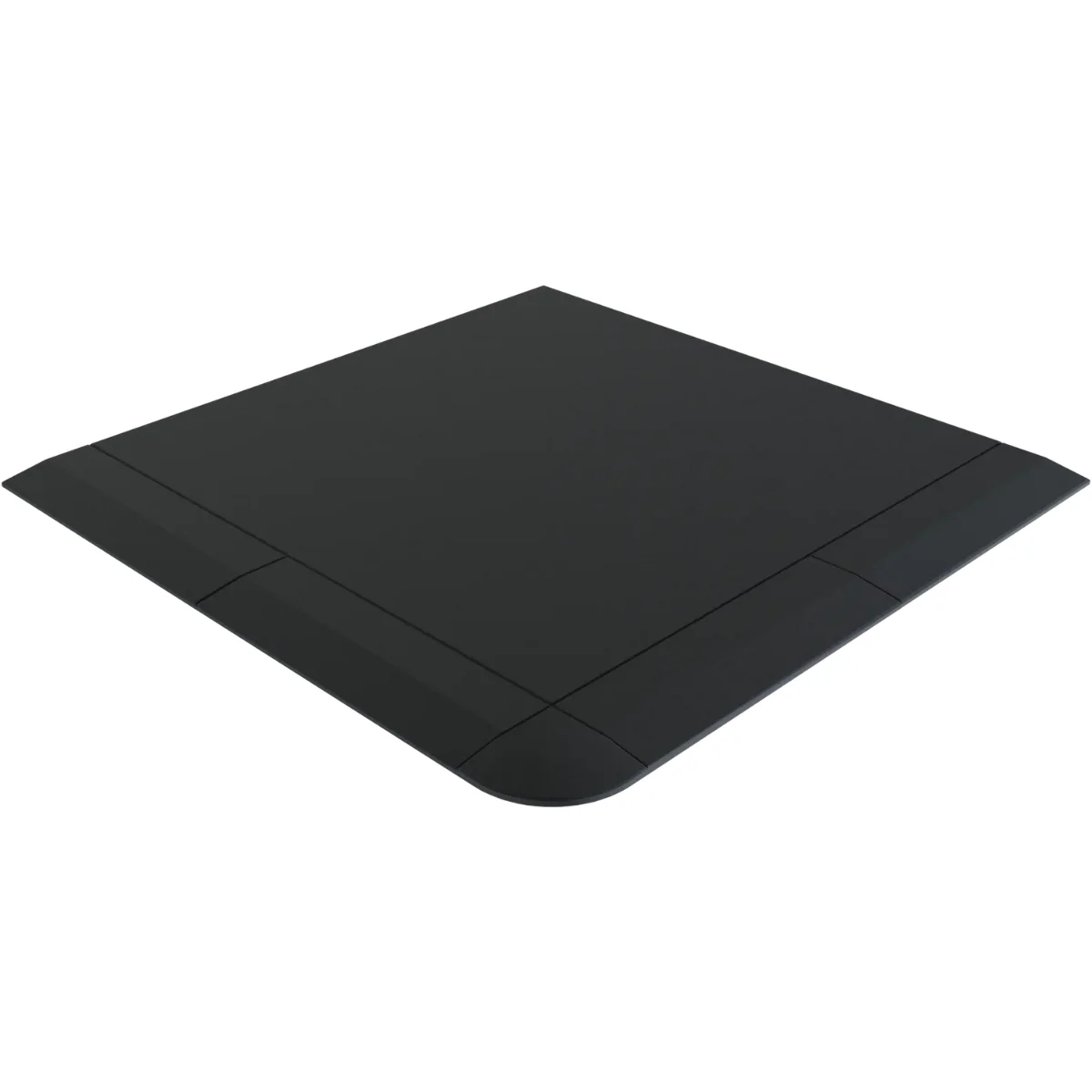 Black, square, rubber floor mat with rounded corners. Isolated on white background.