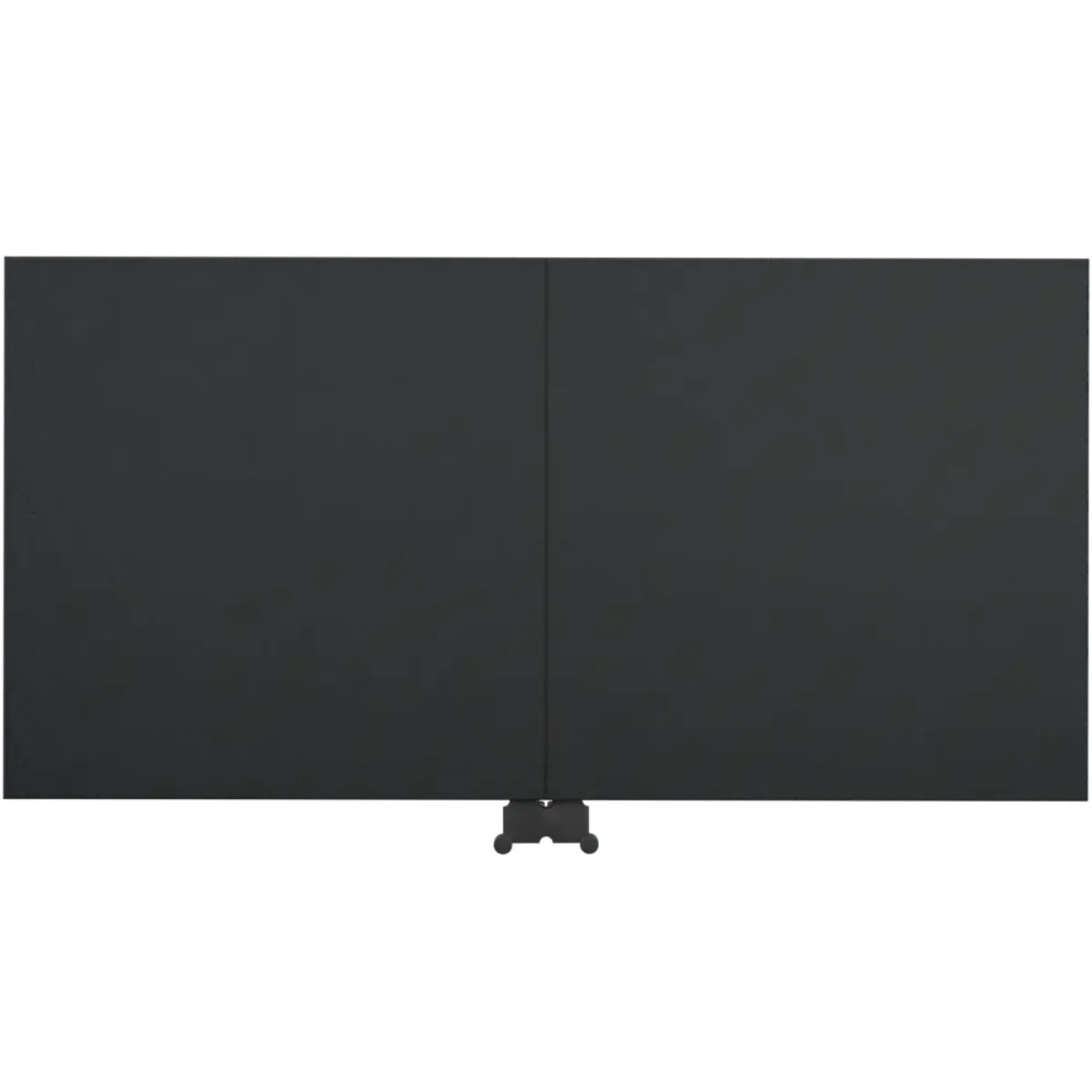 A black, rectangular, foldable room divider with a stand at the bottom.