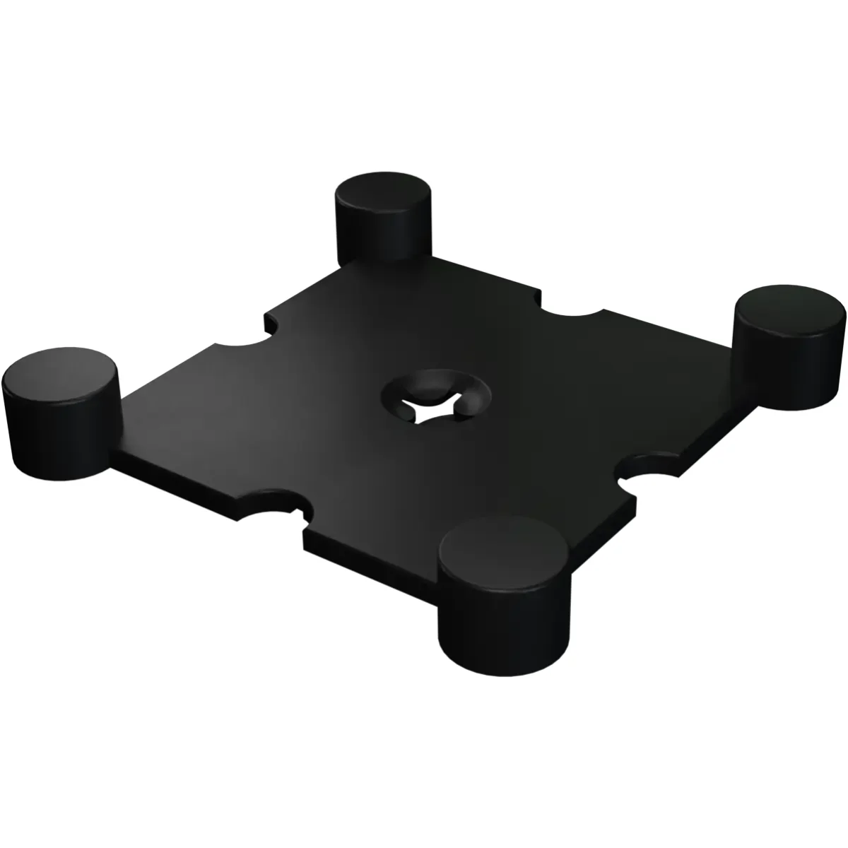 Black square base with four cylindrical feet and a central hole.