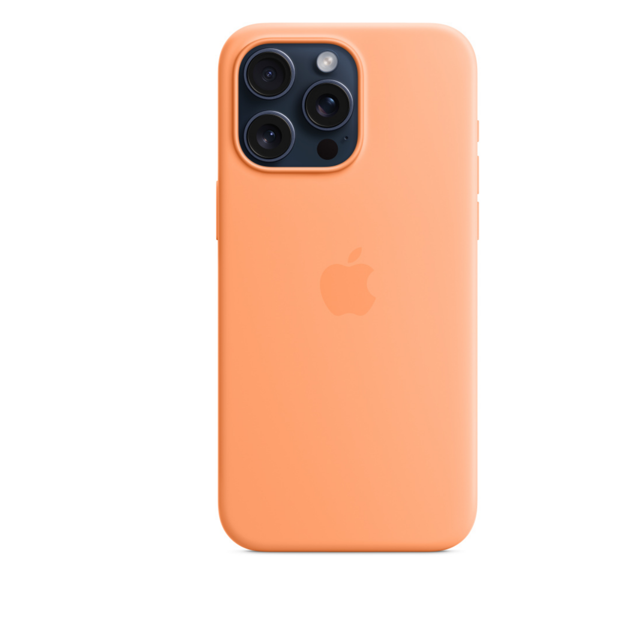 An orange phone case with a camera module and an apple logo, against a white background.