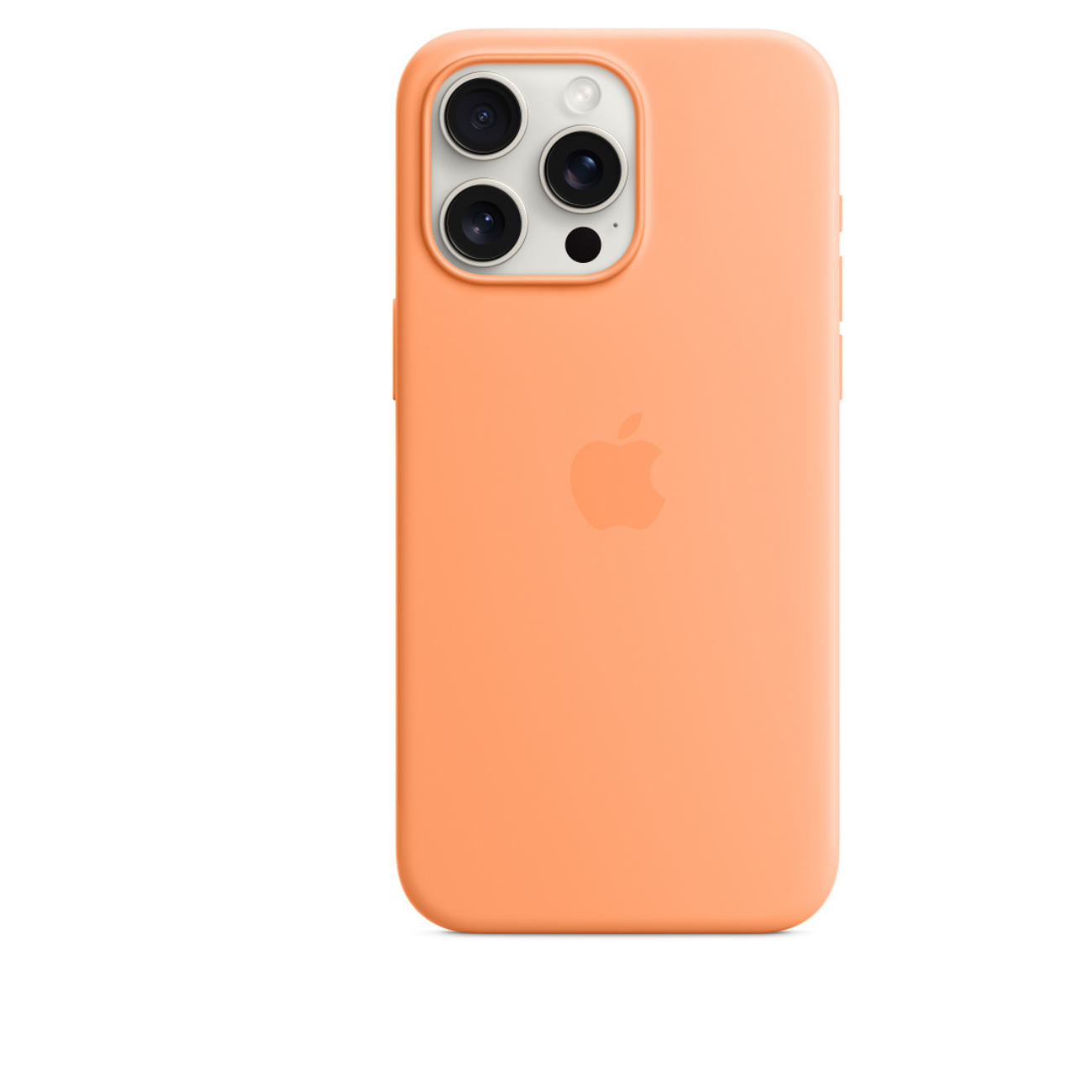 Orange phone case with Apple logo. The back has a camera bump.