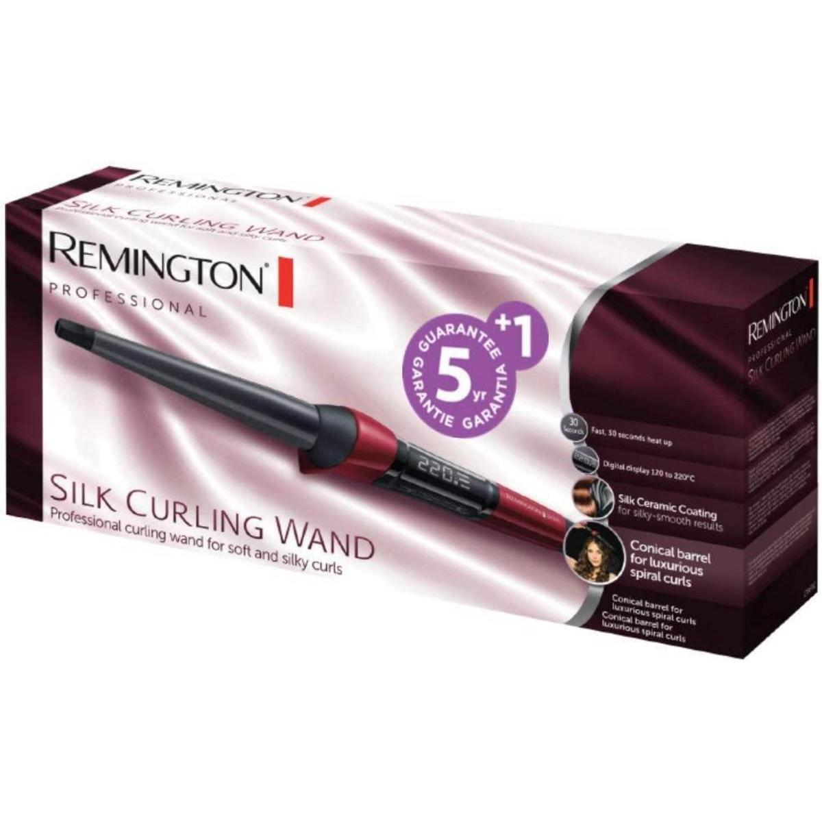 Remington Lockenstab-Box. Der Stab ist schwarz mit roten Akzenten. Enthält Produktdetails und eine Garantie.