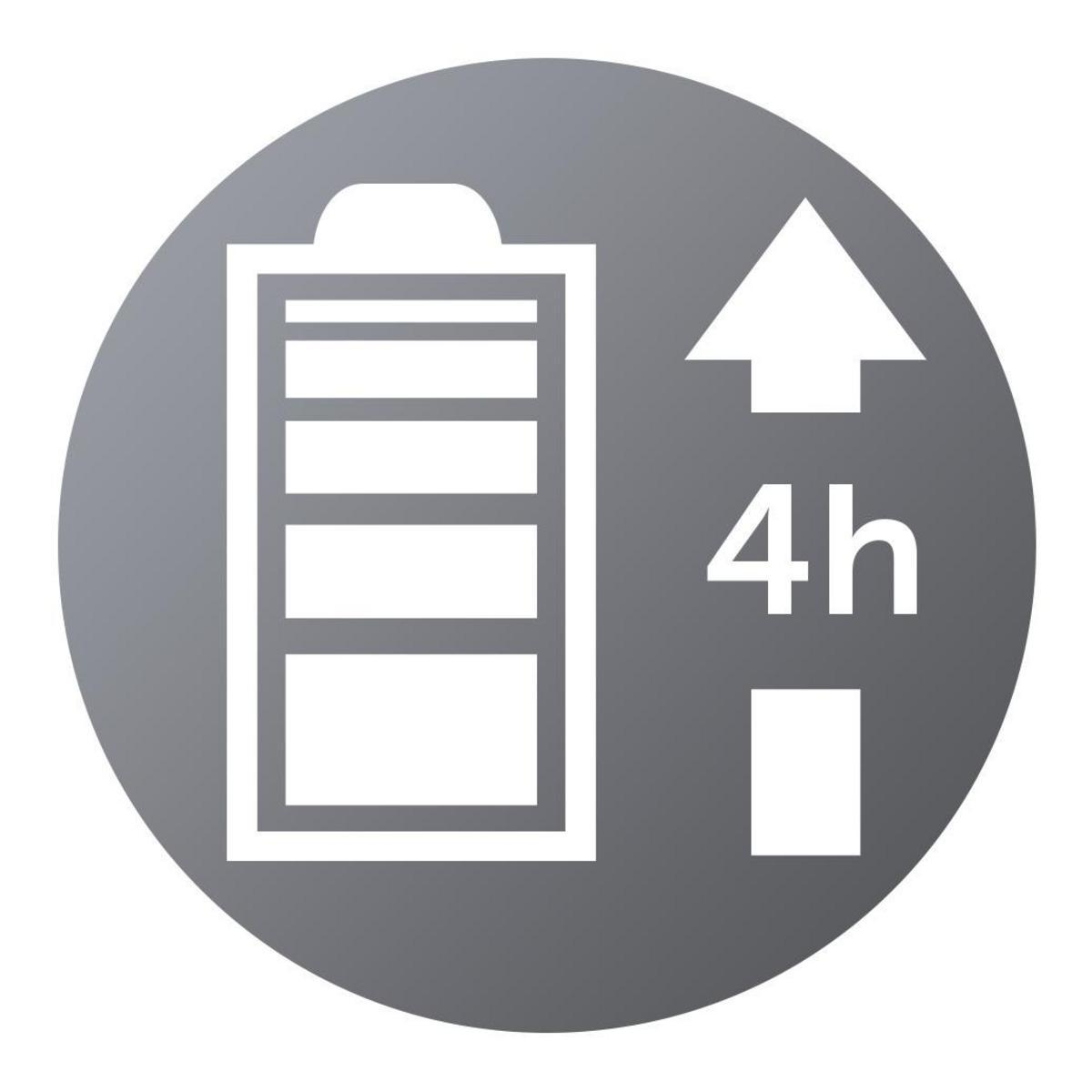 Círculo gris con icono de batería, gráfico de carga y texto '4h'.