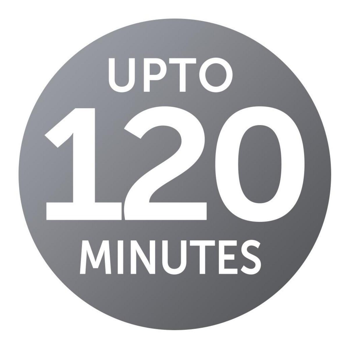 Un círculo gris con el texto 'UPTO 120 MINUTES'.