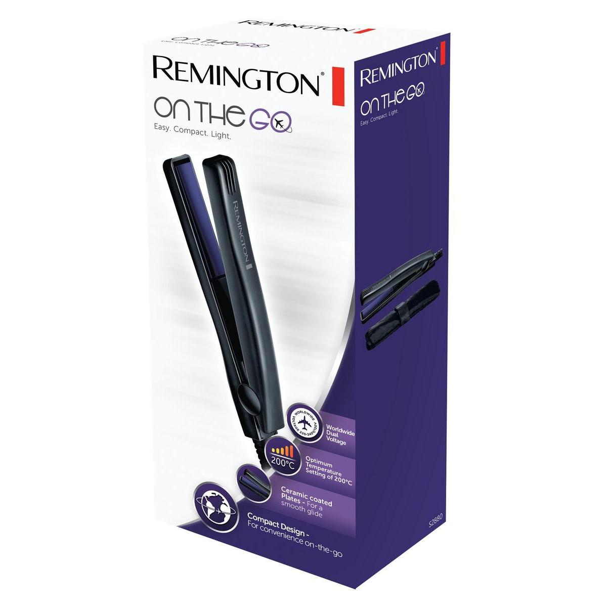 Boîte de lisseur Remington. Couleurs noir et violet. Image du produit sur la boîte.