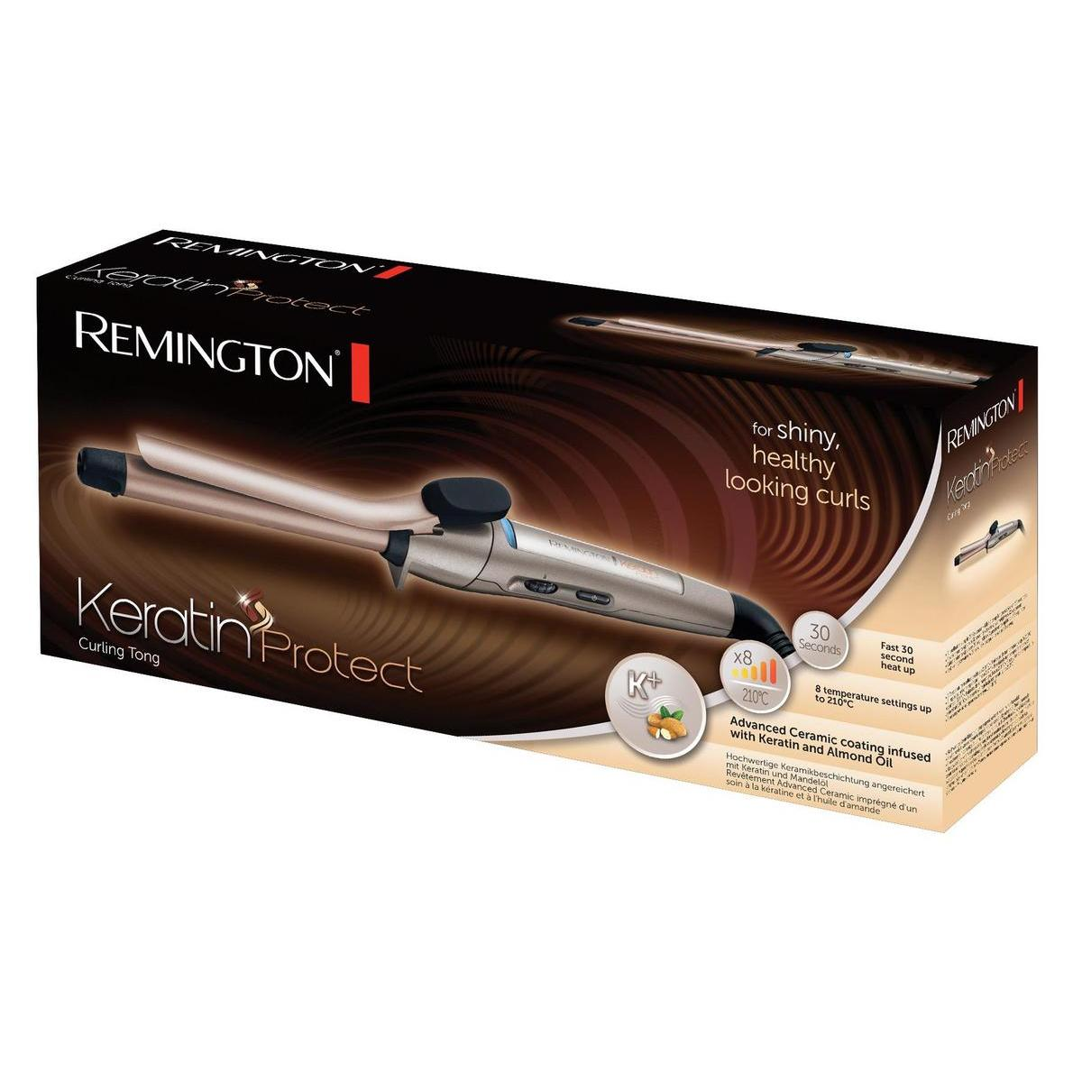 Pudełko z lokówką Remington Keratin Protect ze szczegółami, informacjami o produkcie i lokówką.