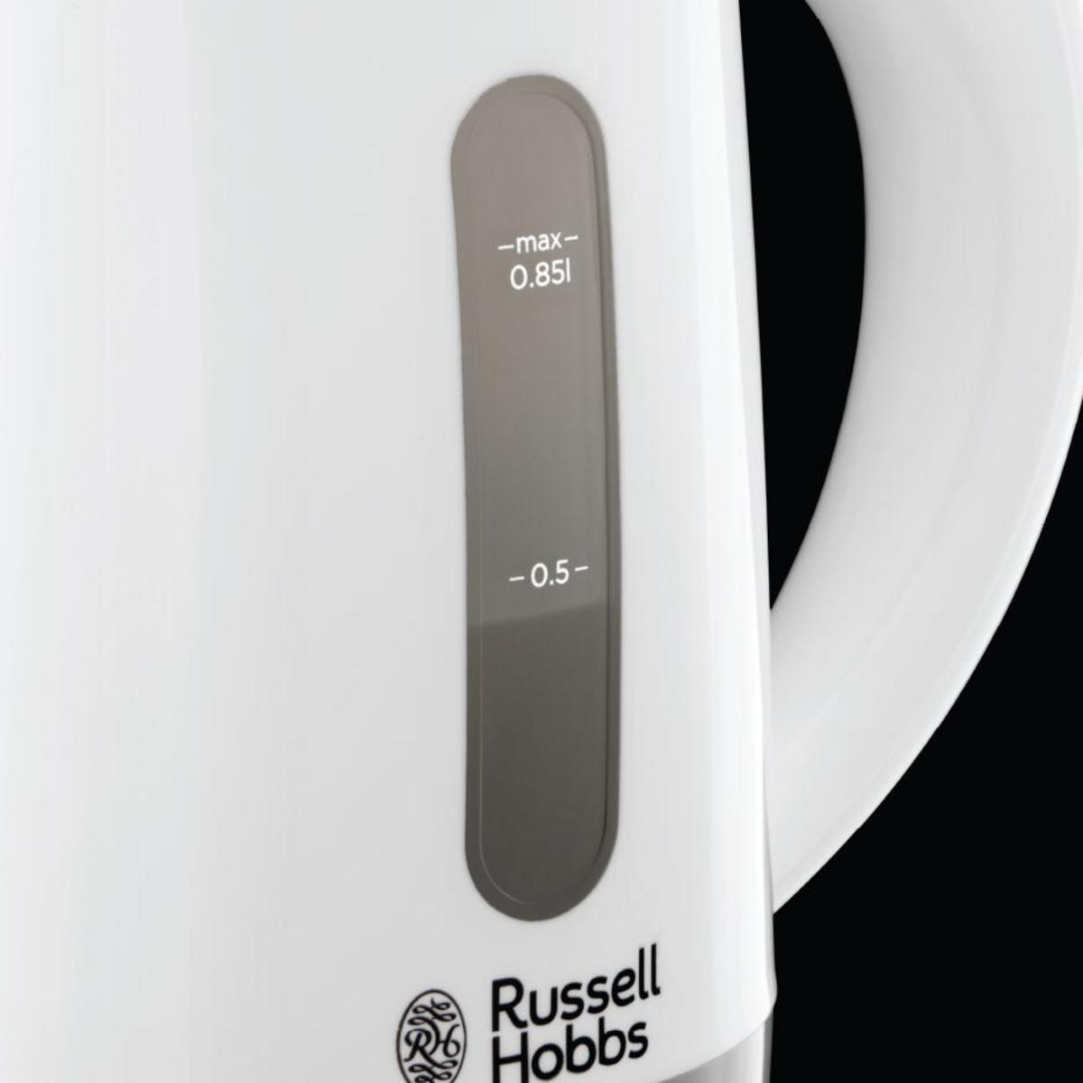 Biały czajnik z wskaźnikiem poziomu wody, 0,5 i 0,85l. Widoczne logo Russell Hobbs.