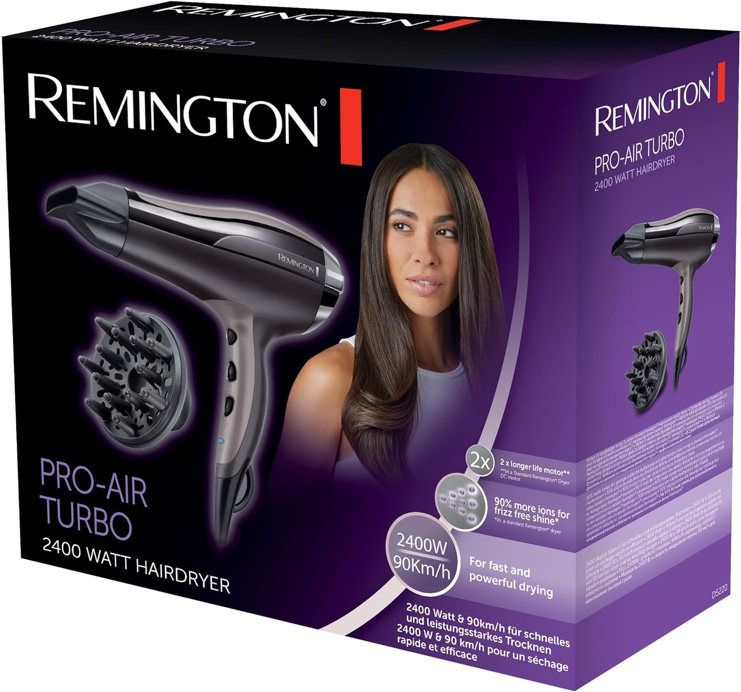 Doos van Remington Pro-Air Turbo föhn met een vrouwen gezicht. De föhn staat op de doos.