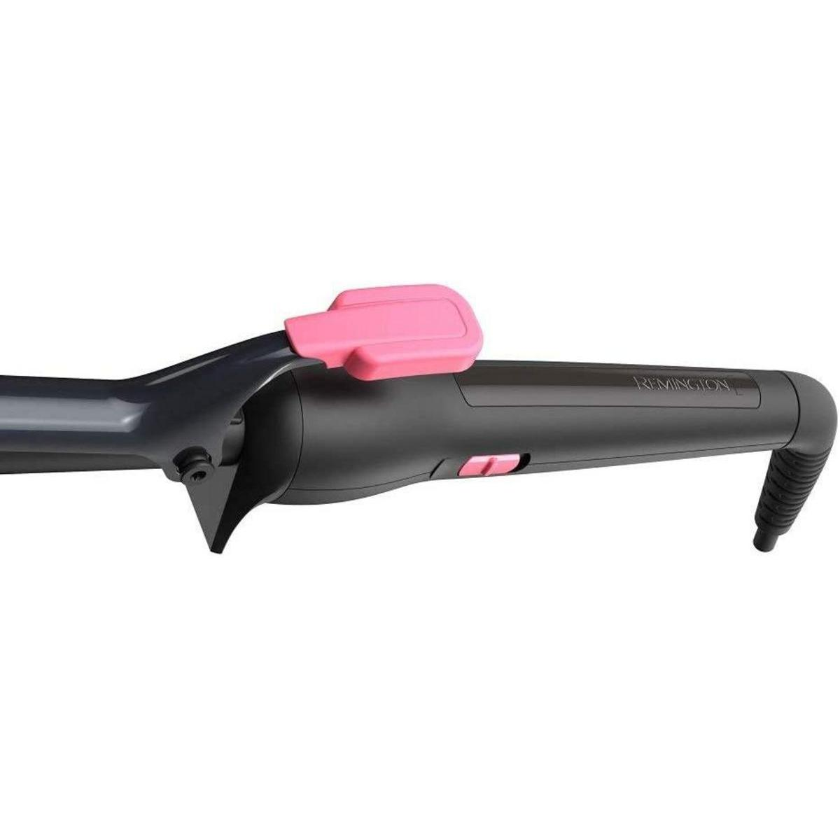 Czarna lokówka z różowymi akcentami. Znajduje się na białym tle i ma nadrukowane imię Remington.