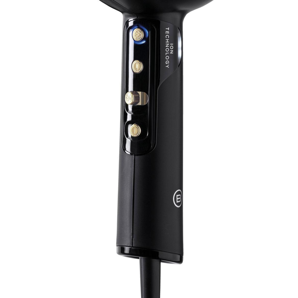 Czarny uchwyt suszarki do włosów ze złotymi przyciskami i napisem „ION TECHNOLOGY”.
