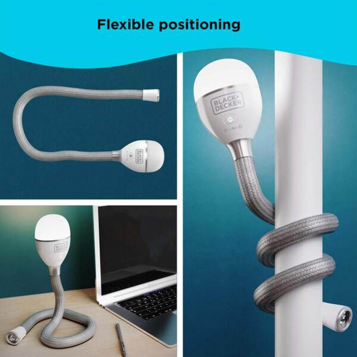 Lampe flexible, tête blanche, col de cygne gris, diverses positions : bureau, enroulée, support.