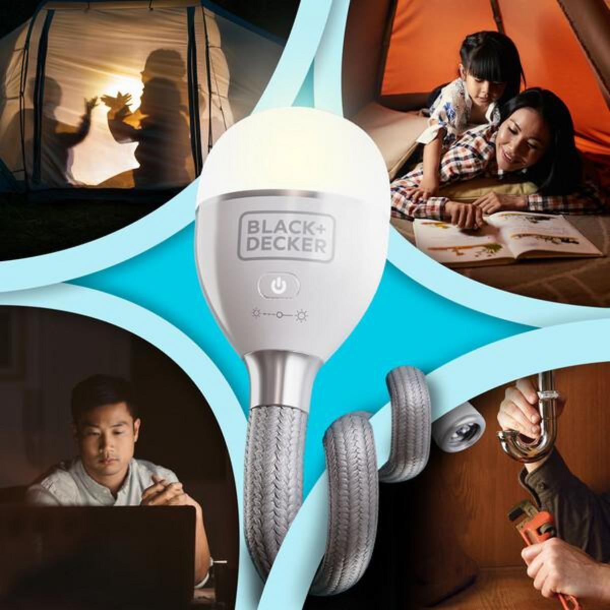 Une lumière blanche et flexible avec le logo Black+Decker. Scènes d'utilisation en arrière-plan.