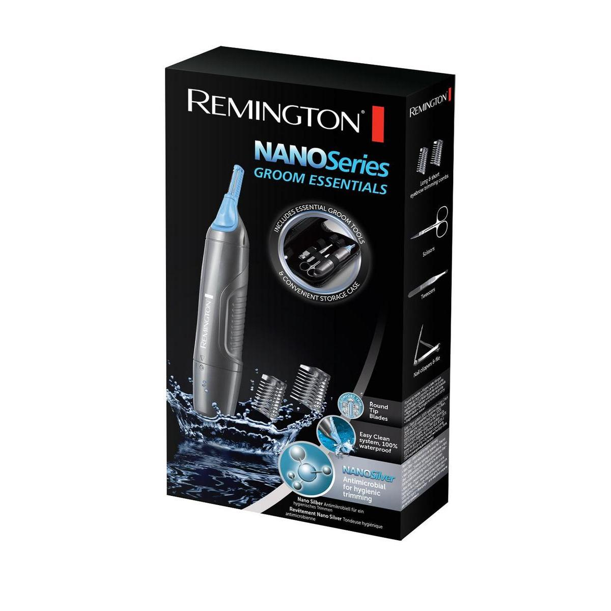 Eine Remington NanoSeries Groom Essentials Box mit Trimmer, Zubehör und Produktnamen.