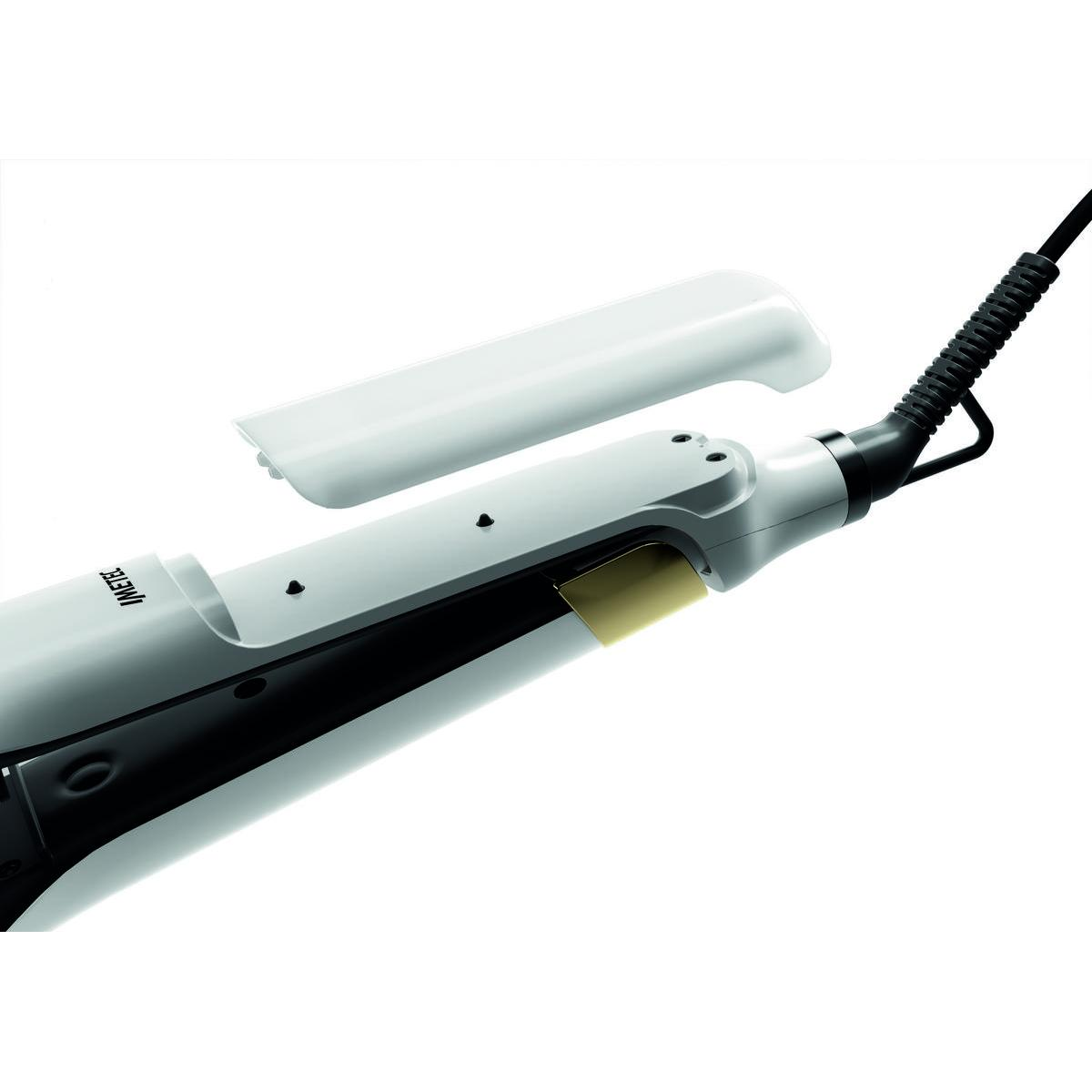 Biała prostownica do włosów, otwarta, z odsłoniętymi ceramicznymi płytkami.