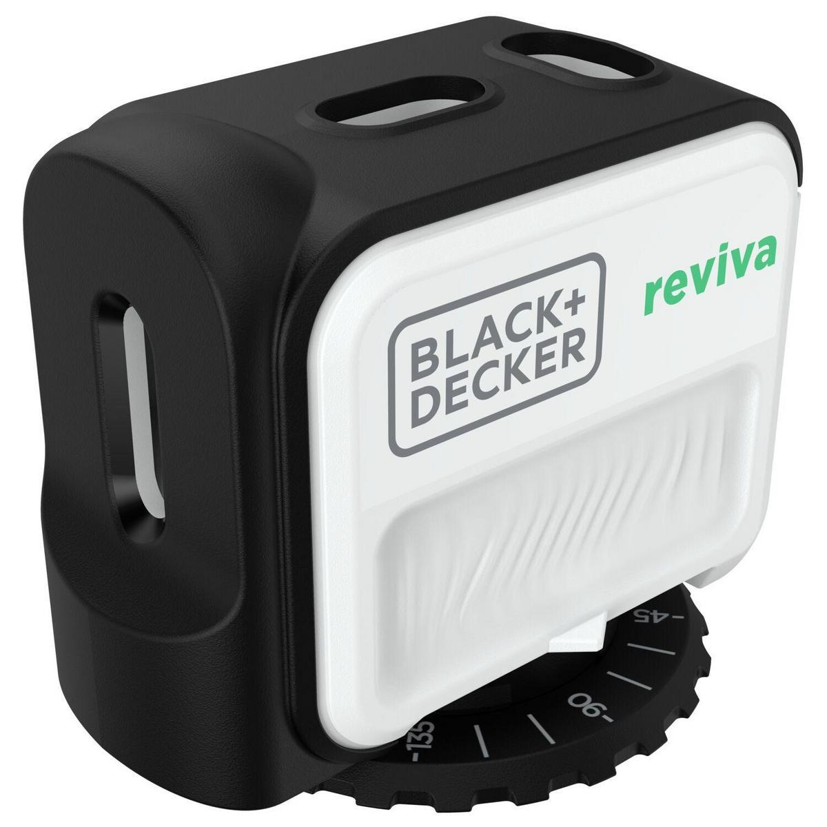 Una herramienta reviva Black+Decker en blanco y negro, con un dial en la parte inferior. La herramienta está sobre una superficie blanca.