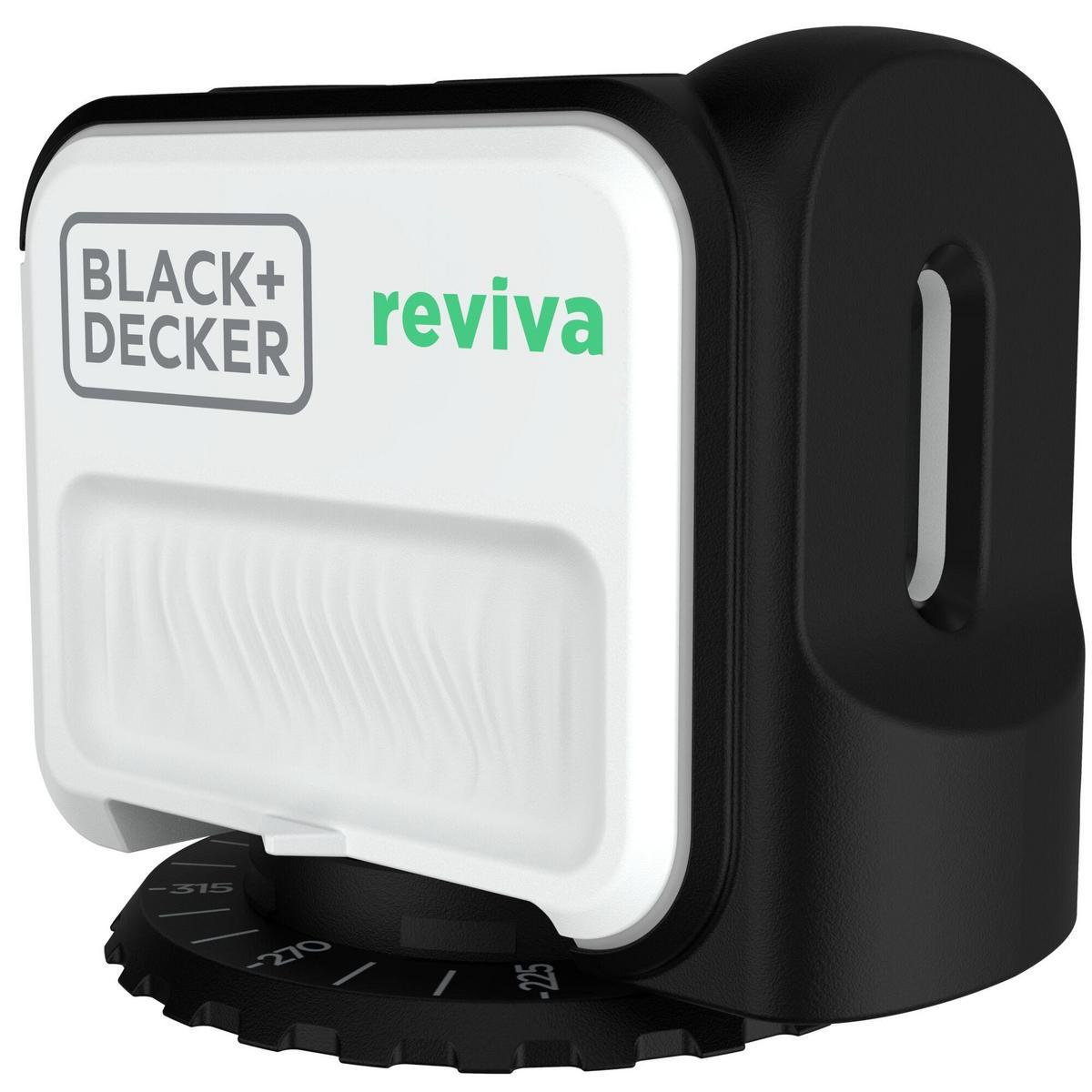 Un dispositivo Black+Decker Reviva blanco y negro con dial, aislado sobre blanco.