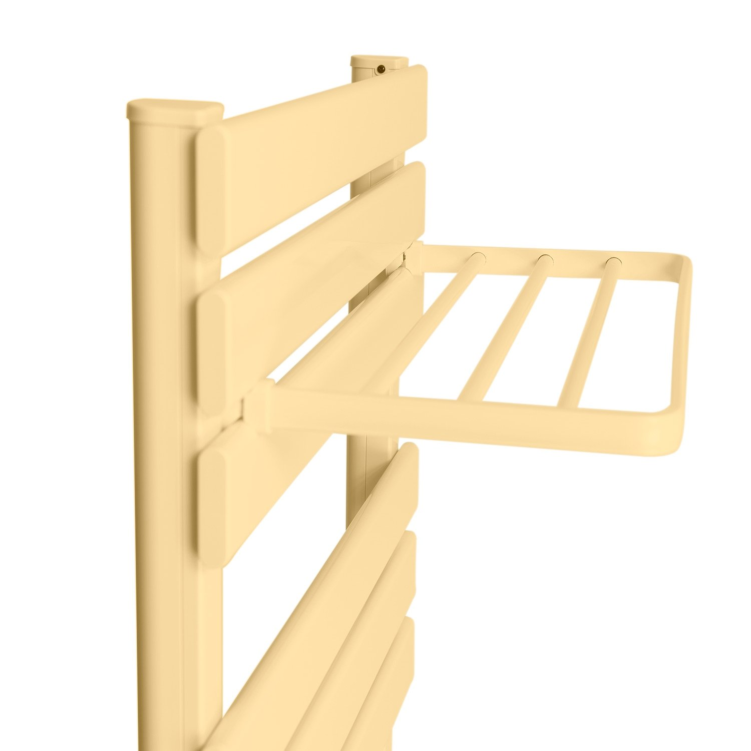 Calentador de toallas beige montado en la pared con toallero extendido. Fondo blanco.