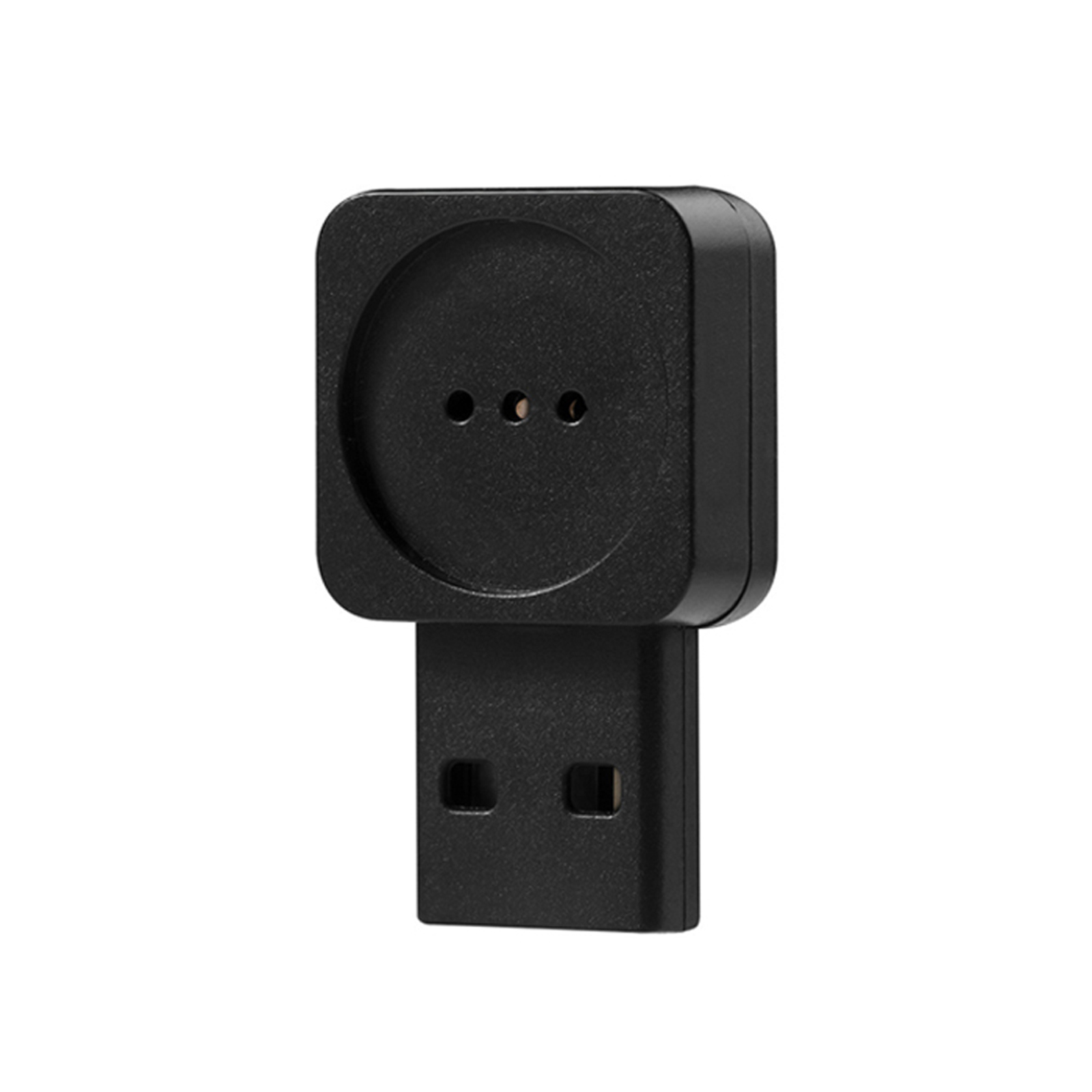 Schwarzes USB-Ladegerät. Es hat einen quadratischen Kopf und einen rechteckigen USB-Anschluss.