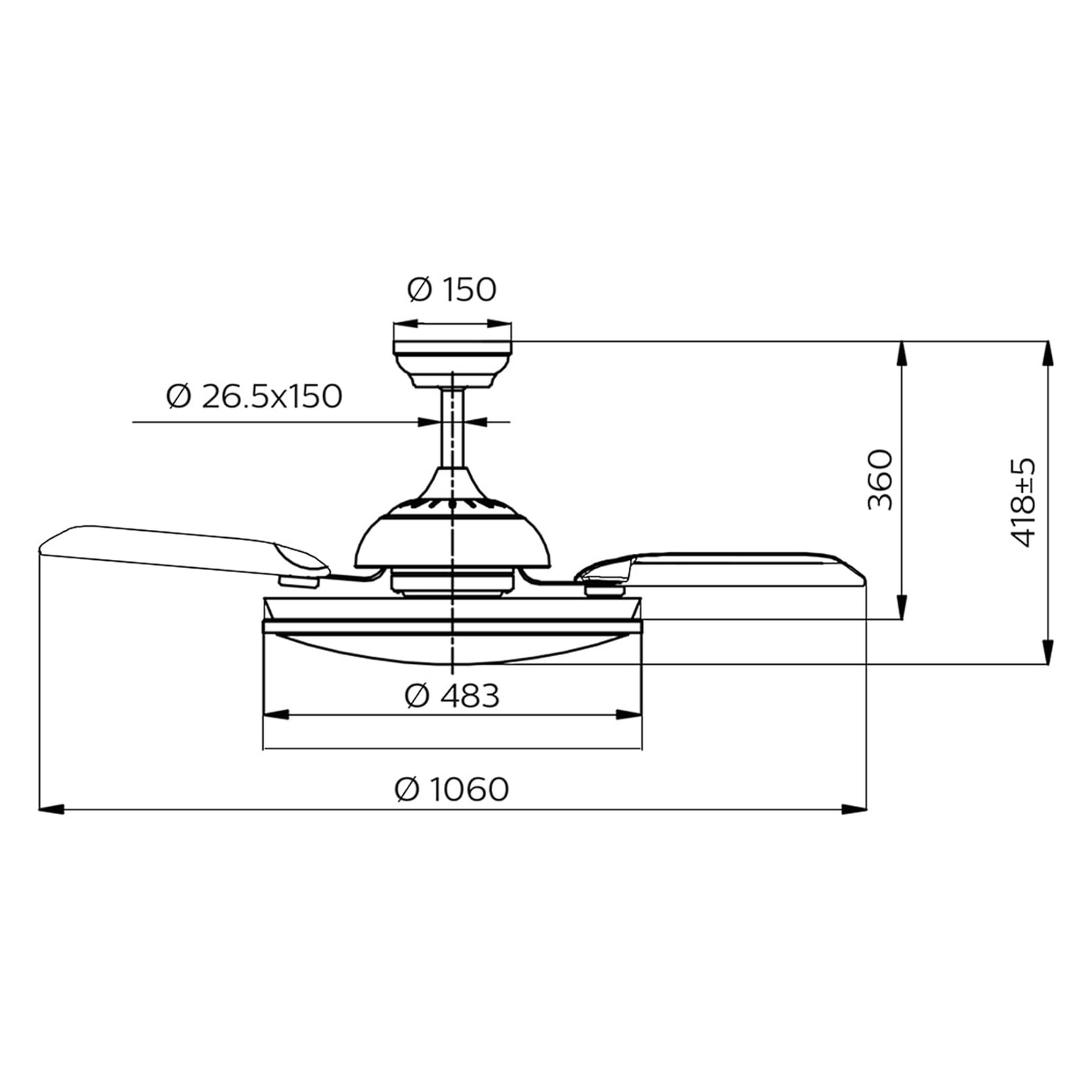 Dibujo técnico de un ventilador de techo con dimensiones y etiquetas.