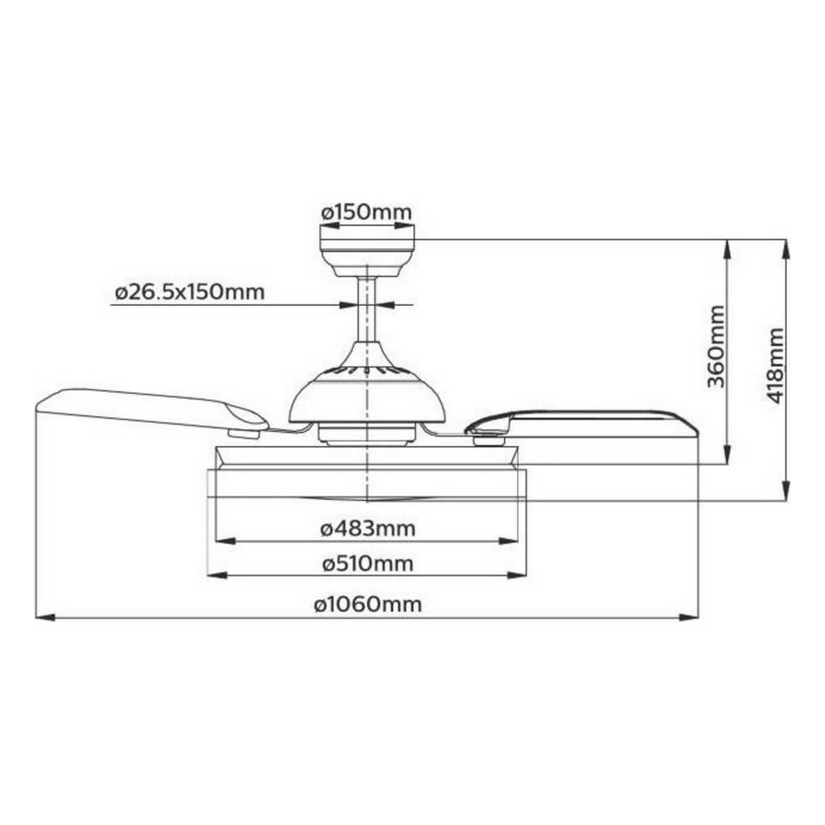 Diagrama con dimensiones para un ventilador de techo. Las medidas están en mm.