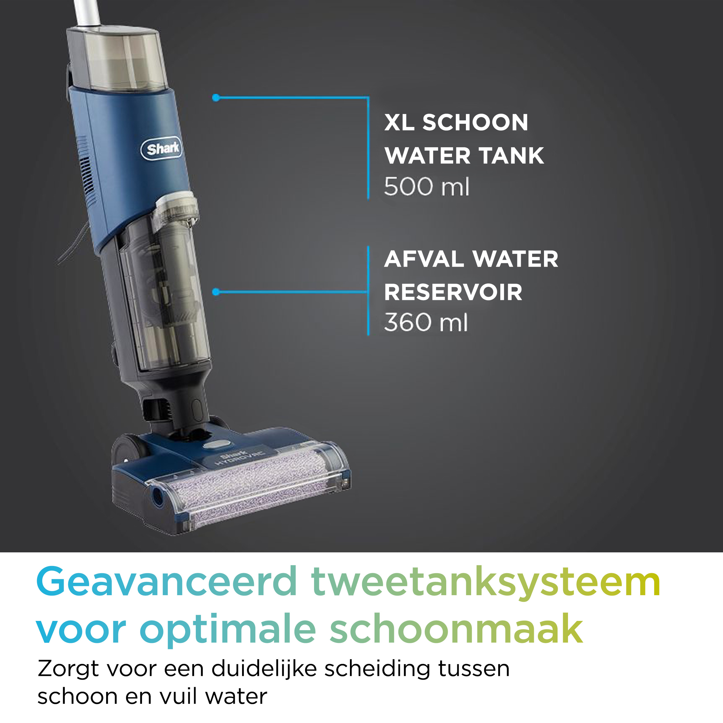 Un aspirateur bleu et noir avec des étiquettes de texte pour les réservoirs d'eau.