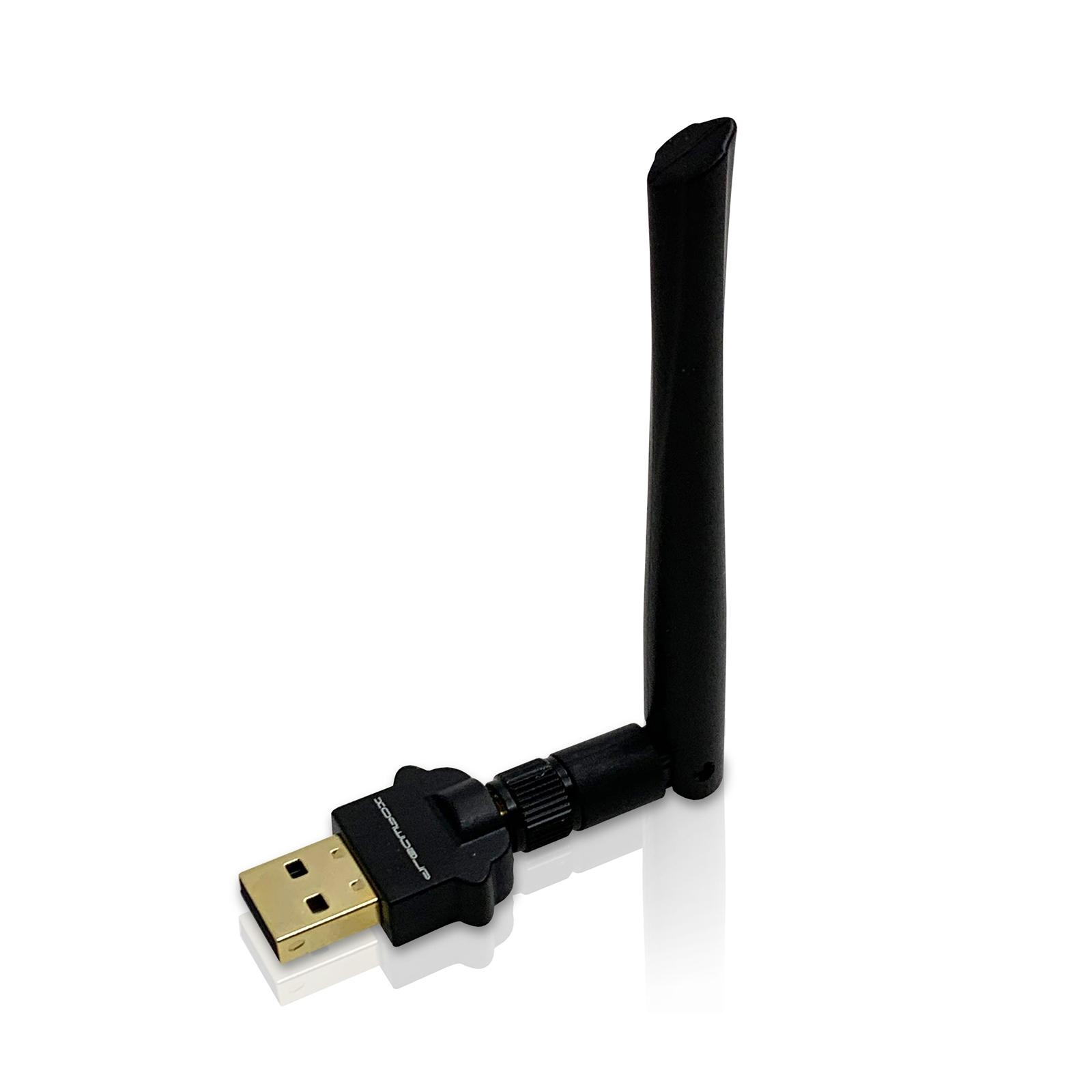 Ein schwarzer USB-WLAN-Adapter mit Antenne. Der Hintergrund ist weiß.